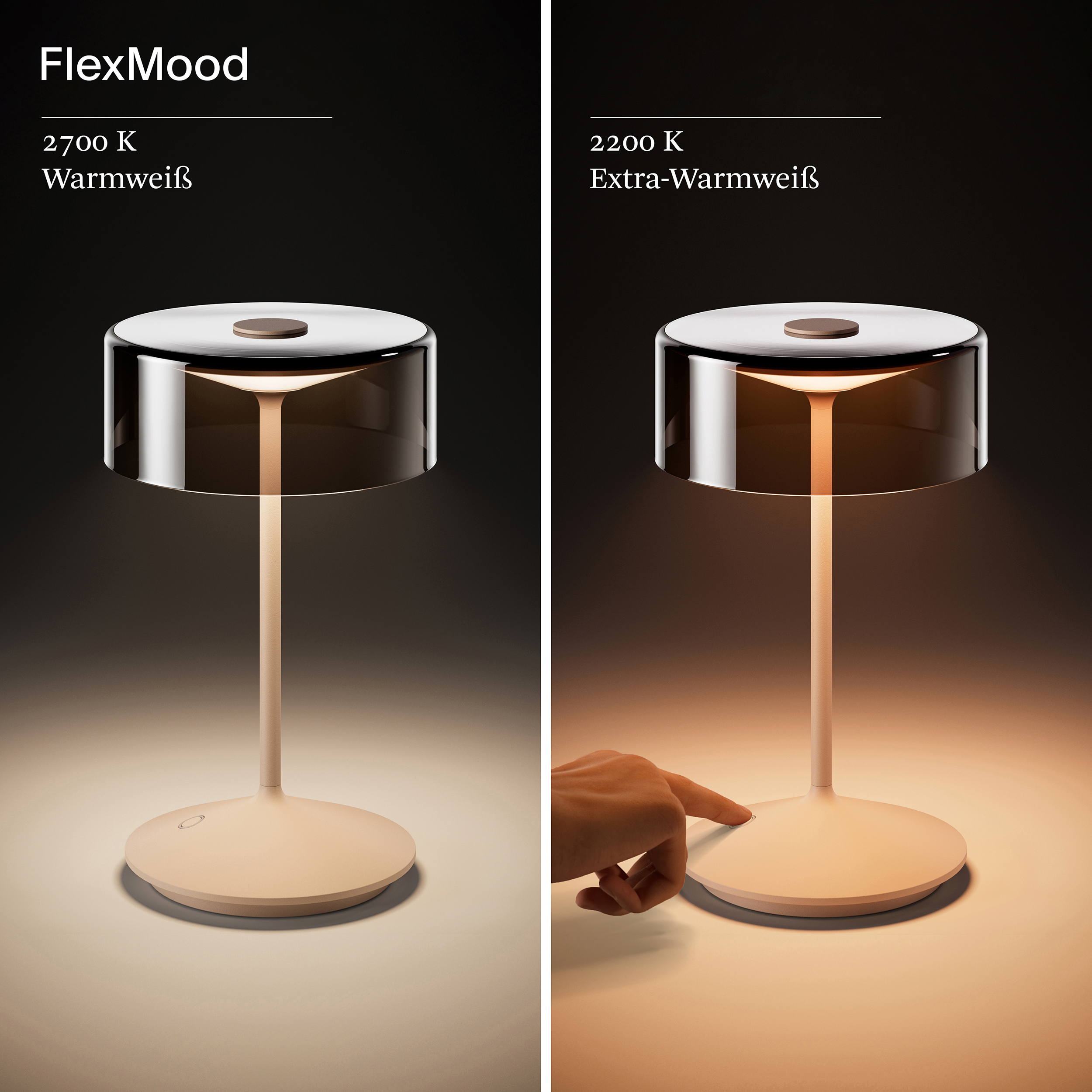 Zwei Lampen. Eine zeigt 'Warmweiß' und die andere 'Extra-Warmweiß'. Beide haben einen berührungsempfindlichen Sockel.
