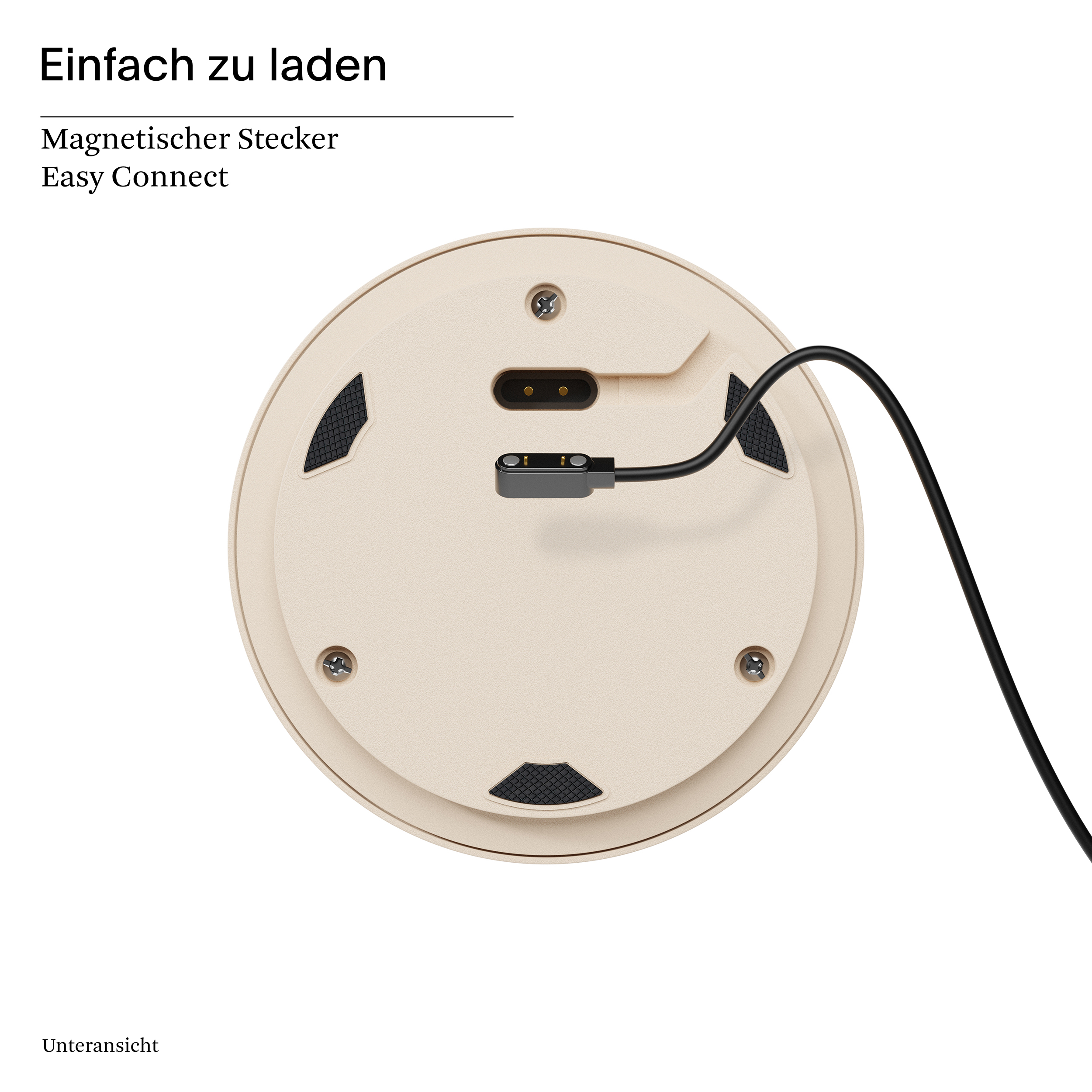 Nahaufnahme einer cremefarbenen Ladestation mit einem schwarzen Ladekabel. Text oben lautet 'Easy Connect'.