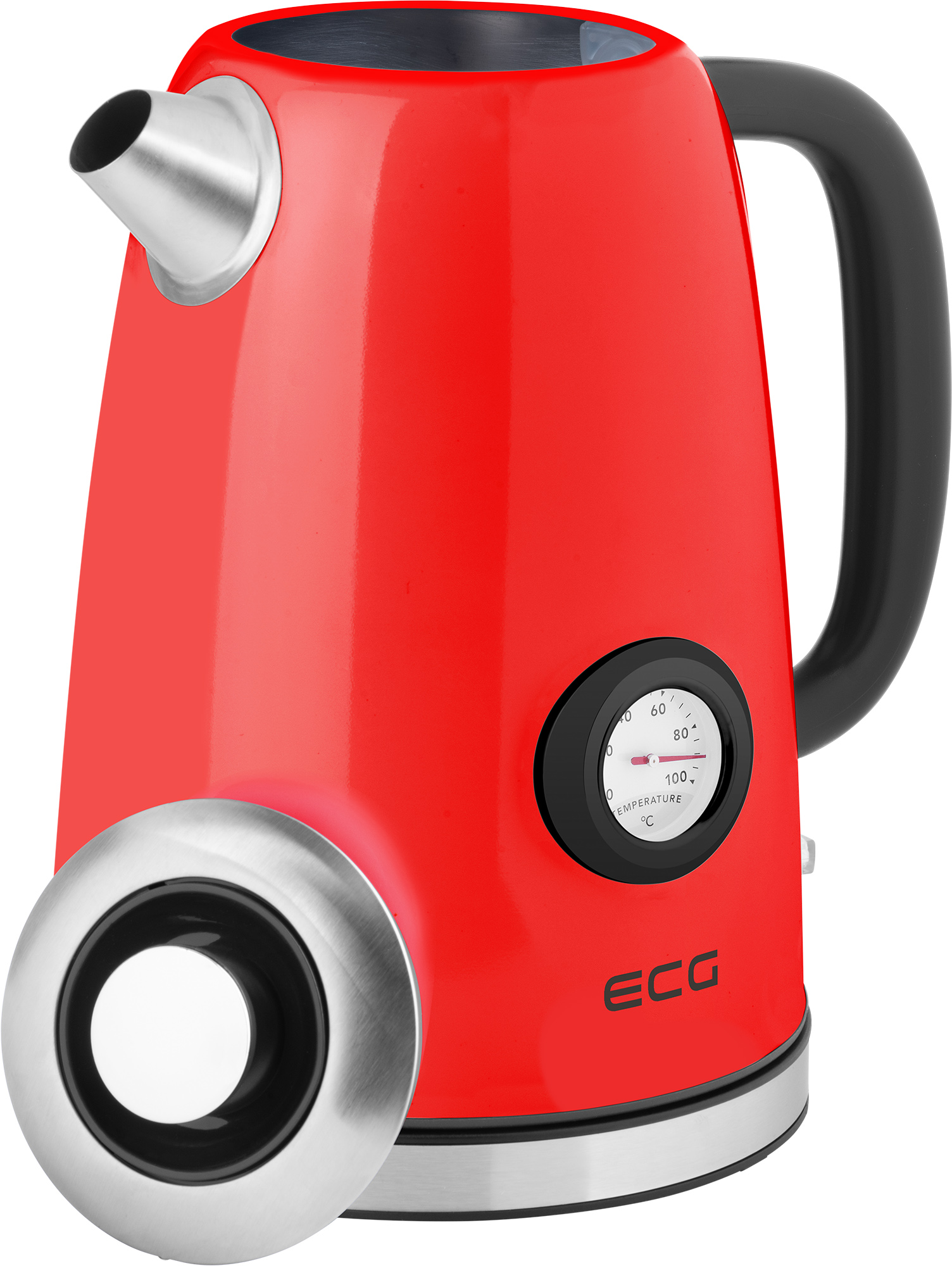 Roter Wasserkocher mit schwarzem Griff und Temperaturanzeige.