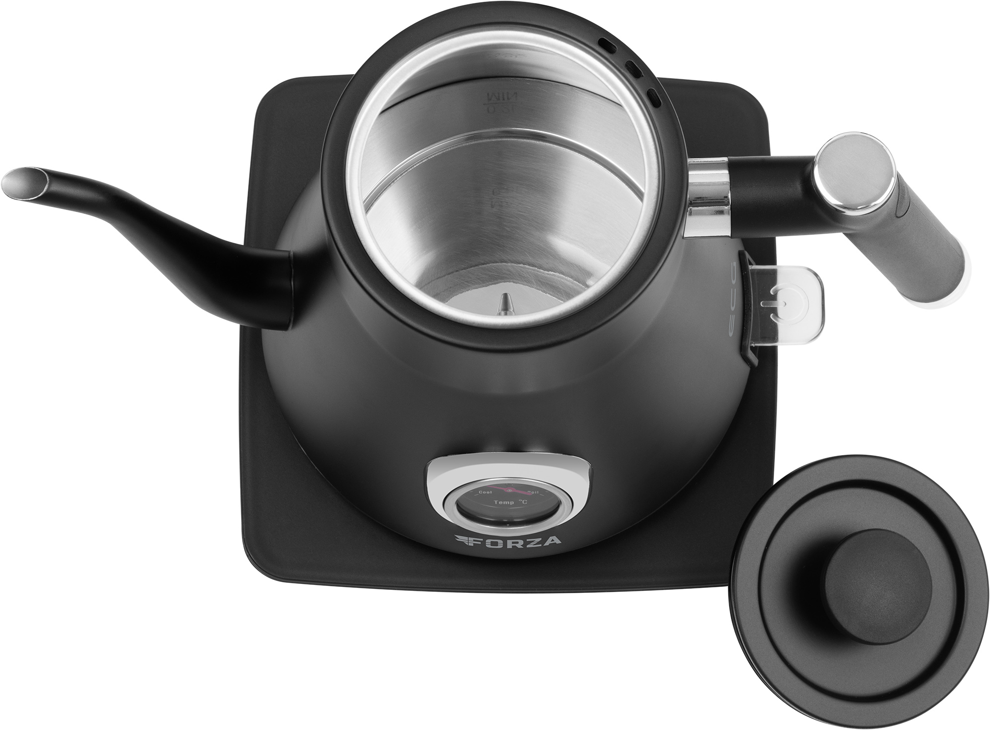 Czarny czajnik elektryczny z widokiem z góry pokazującym wnętrze i podstawę.