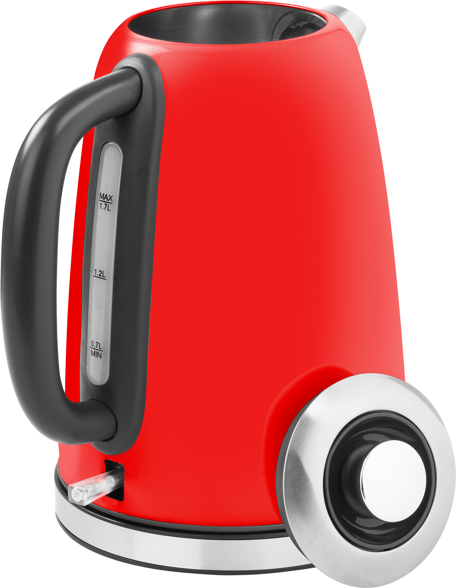 Roter Wasserkocher mit schwarzem Griff und Edelstahl-Details. Deckel ist offen.