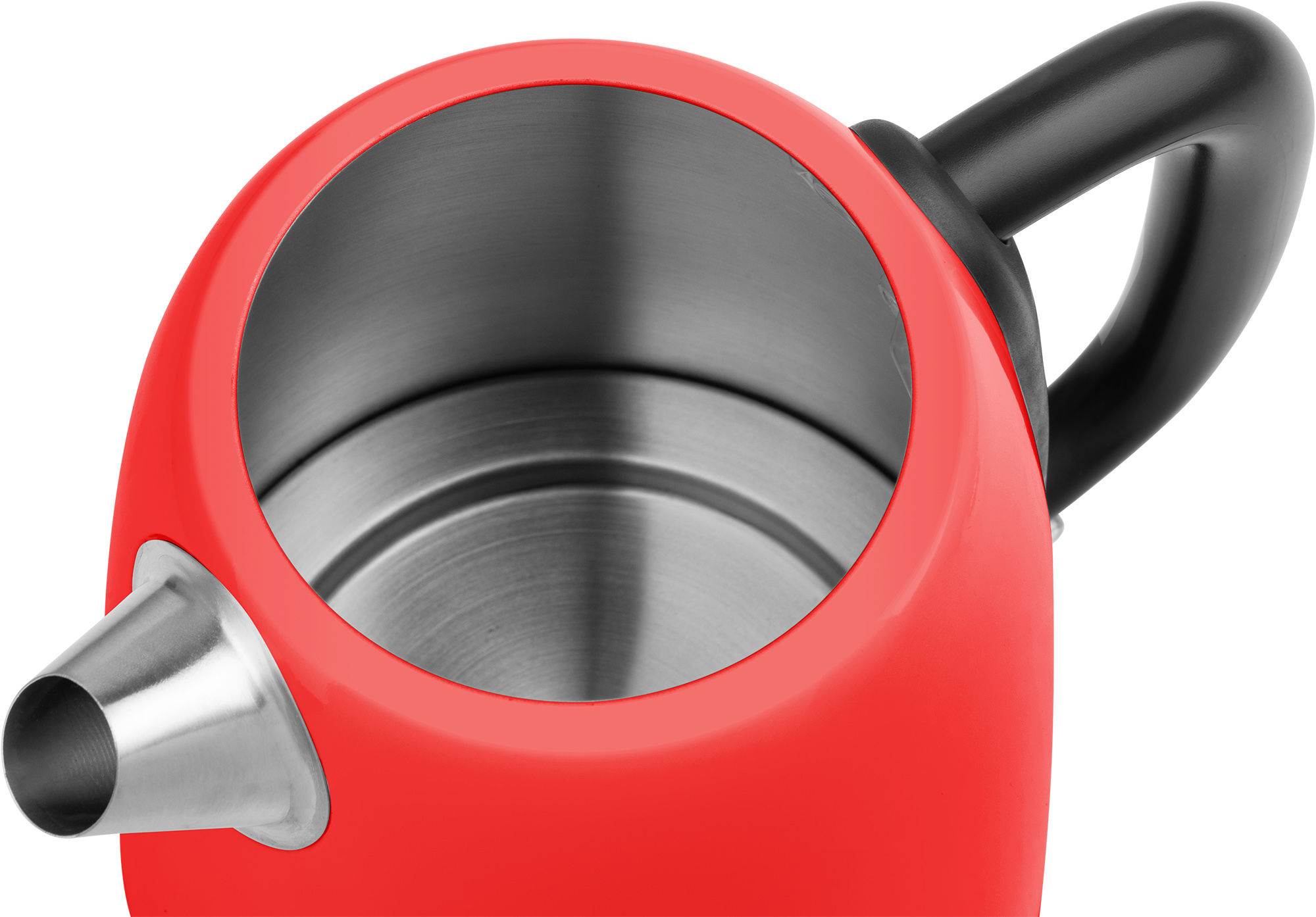 Roter Wasserkocher, Draufsicht mit Griff. Innenraum aus Metall. Weißer Hintergrund.