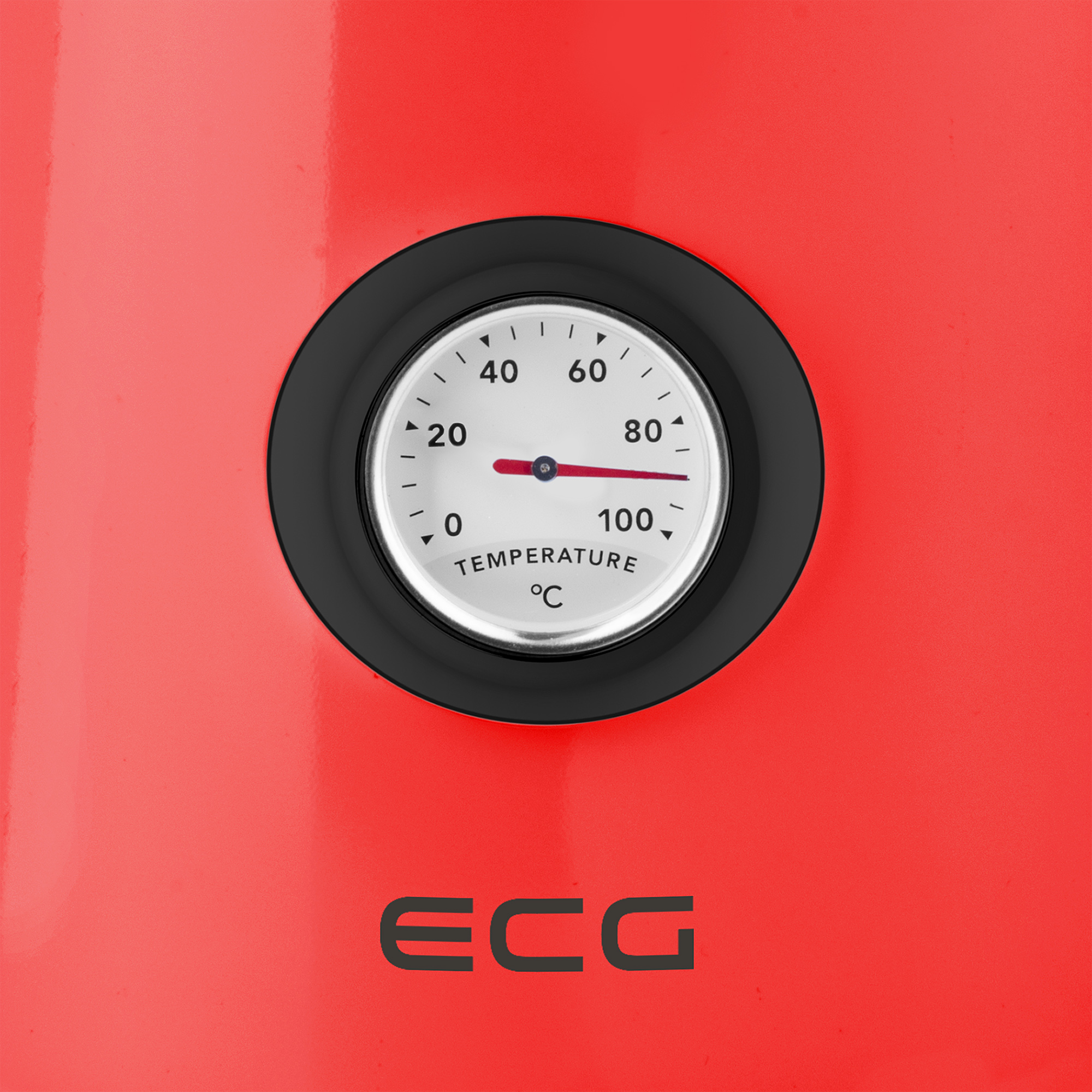 Ein roter Hintergrund mit einem runden schwarzen Thermometer. Das Zifferblatt zeigt die Temperatur.