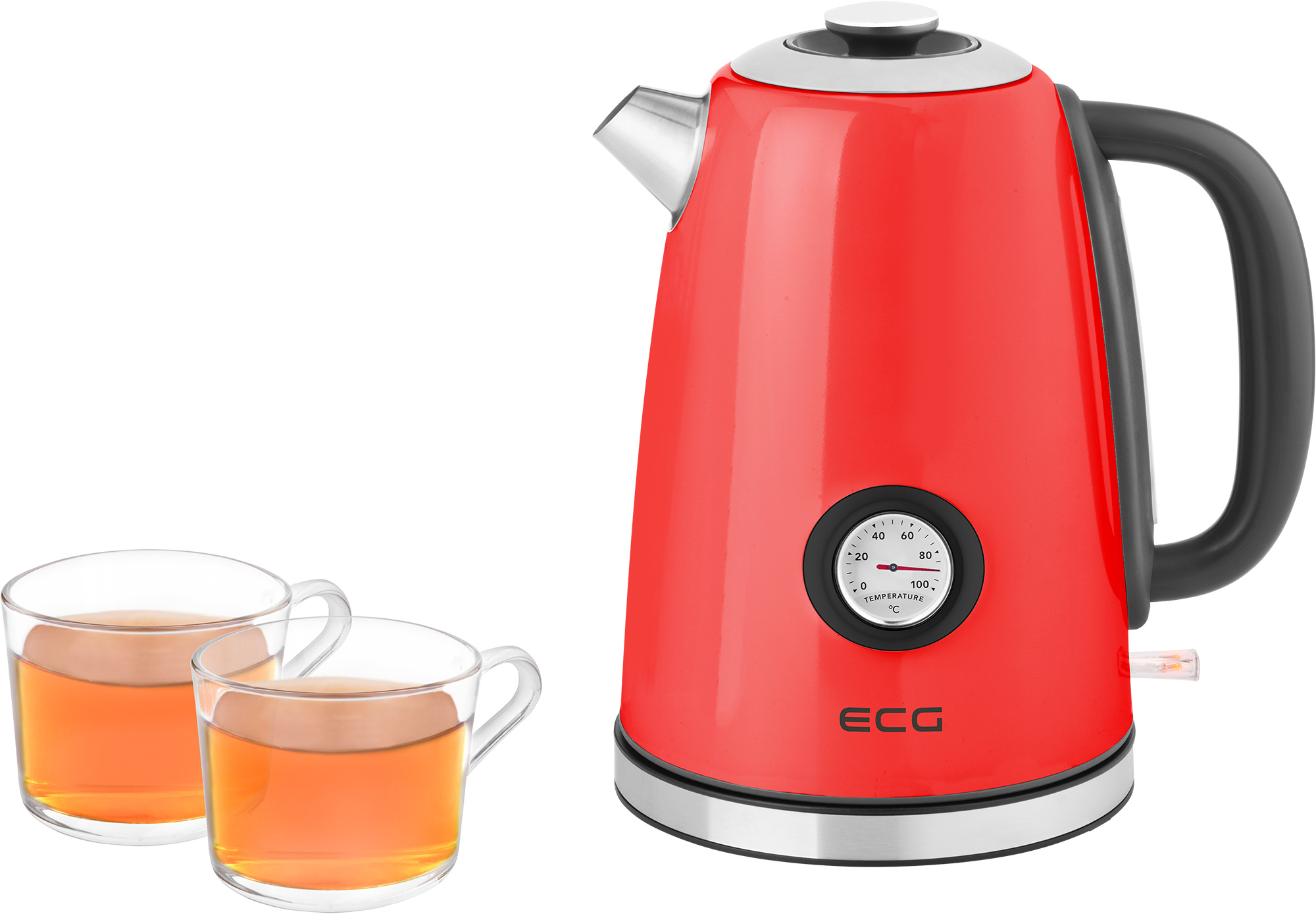Ein roter Wasserkocher mit Temperaturanzeige und zwei Gläsern Tee.