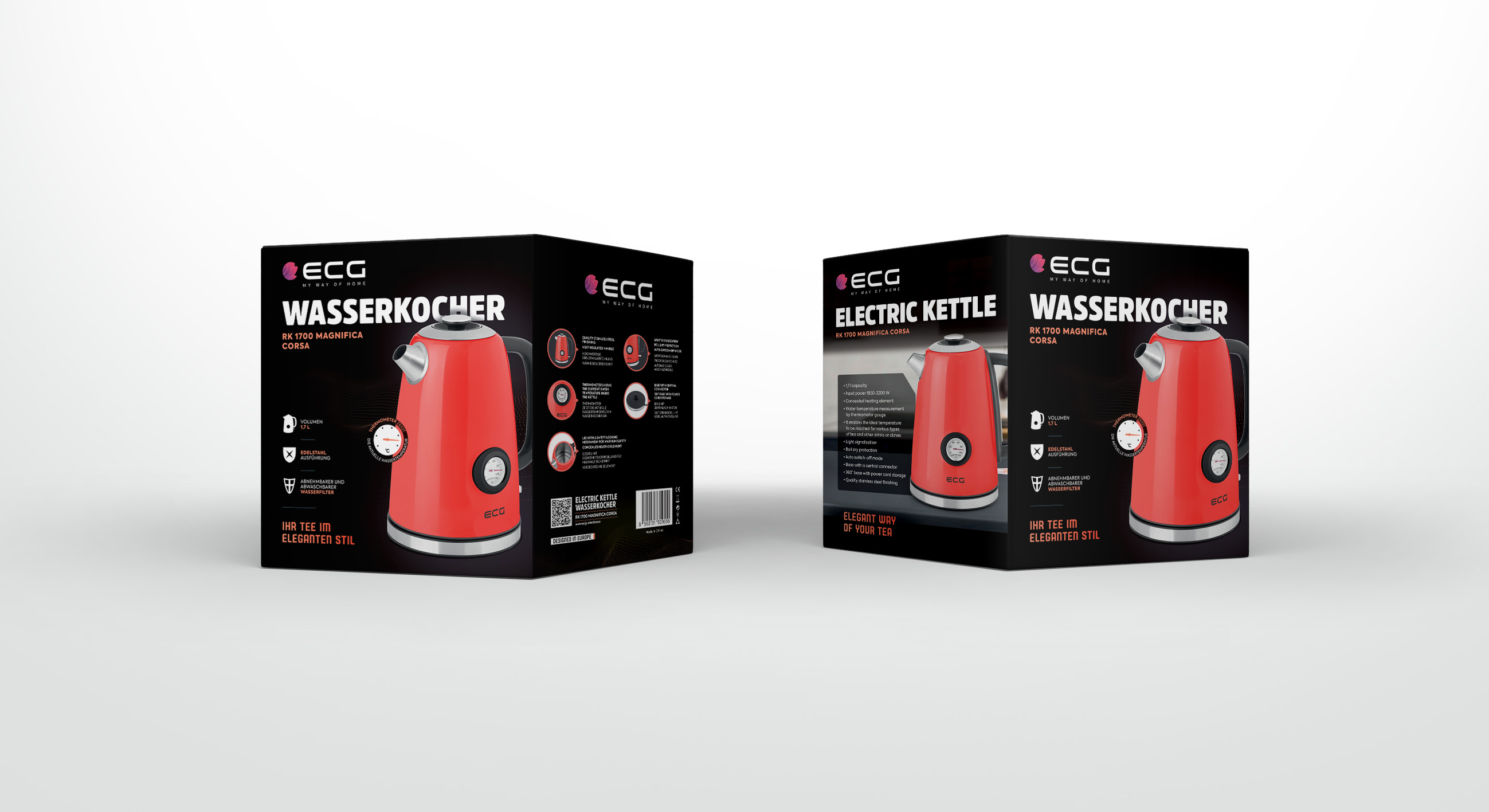 Zwei rote Wasserkocherboxen mit Etiketten, die Marke ECG.