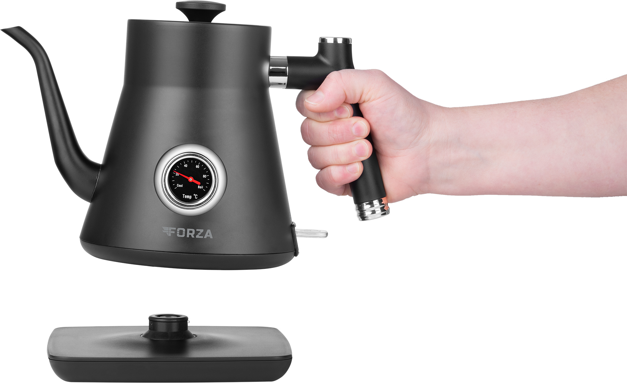 Czarny czajnik Forza z gęsią szyją z uchwytem i wskaźnikiem temperatury, na białym tle.