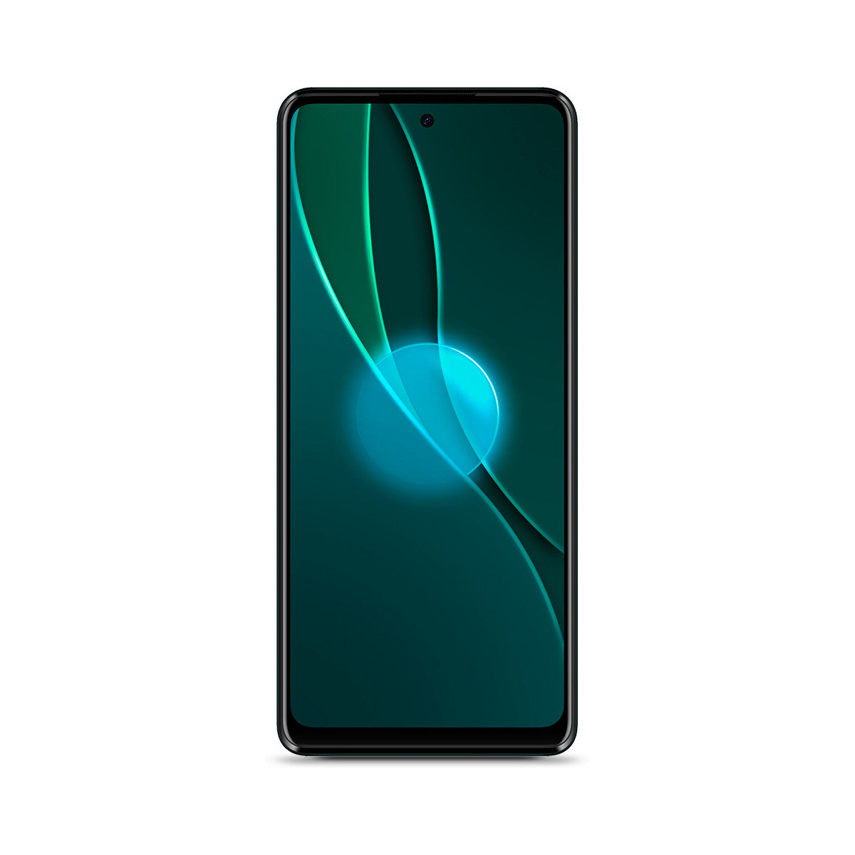 Uno smartphone nero con un design astratto verde e blu sullo schermo. Sfondo bianco.
