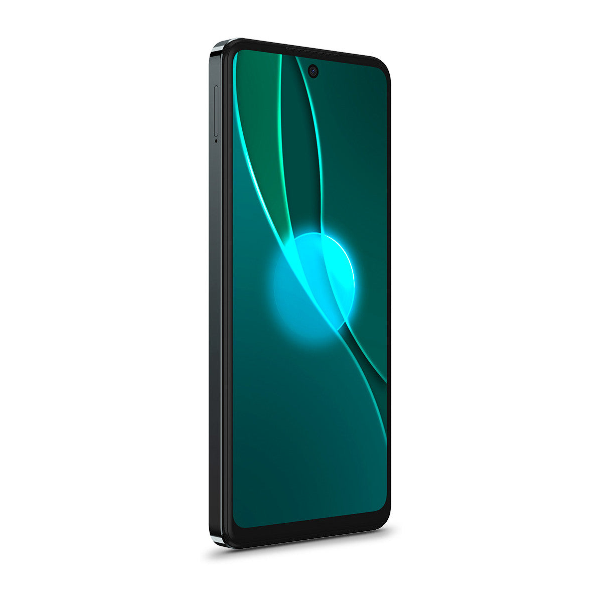 Uno smartphone di lato, con cornice scura e schermo blu-verde, su sfondo bianco.