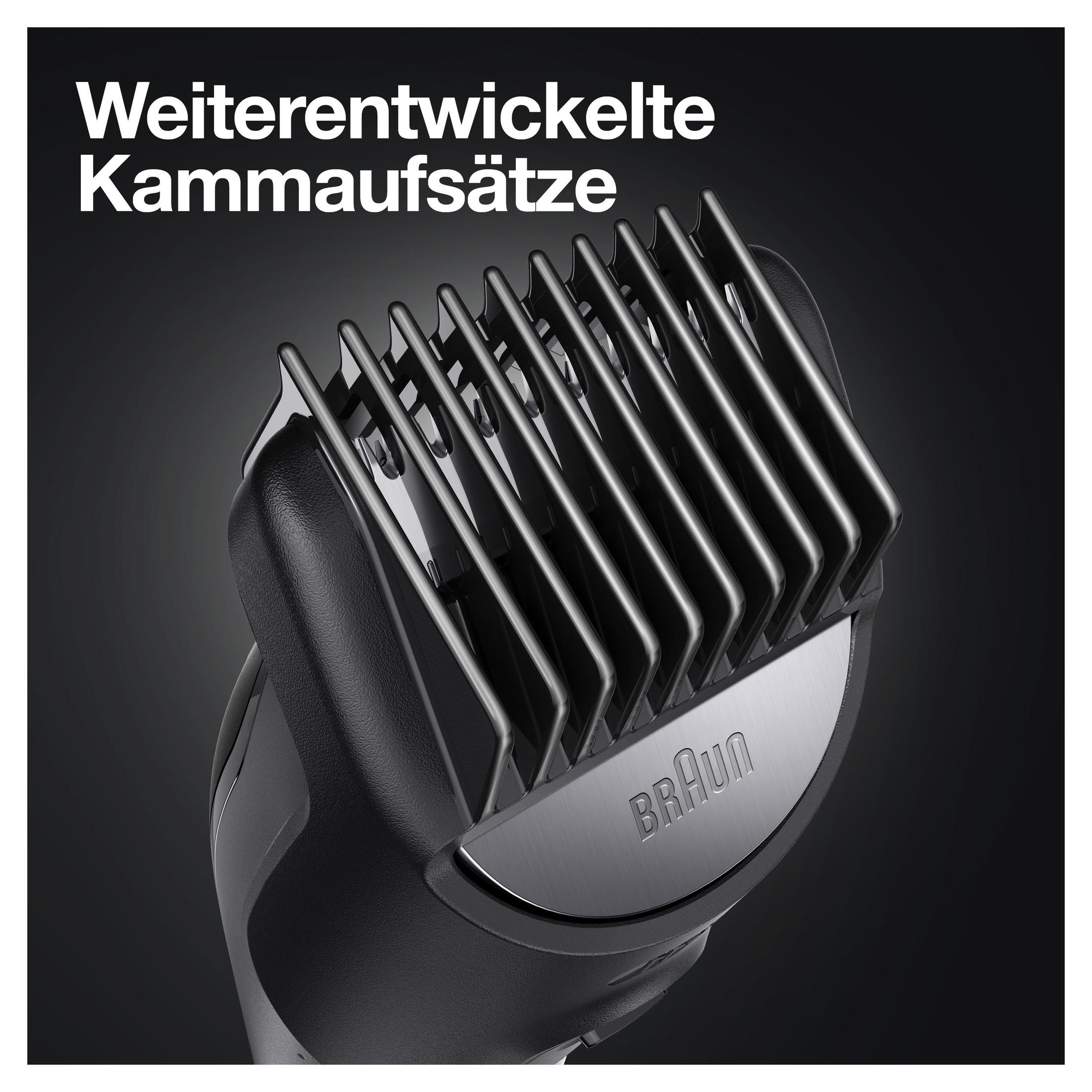 Primer plano del cabezal de una recortadora de barba Braun negra. Las cuchillas son visibles con el logotipo Braun.