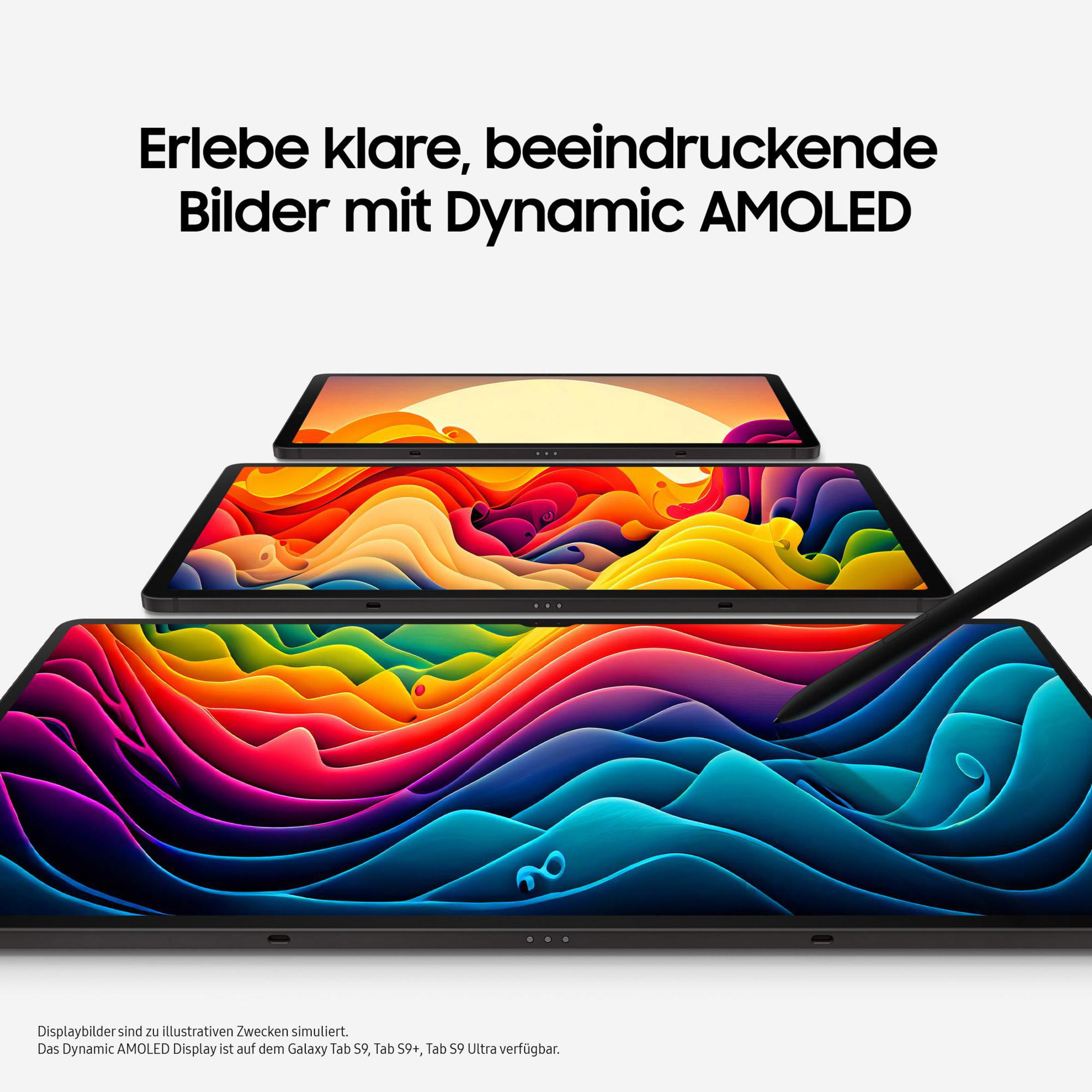 Trzy tablety, z kolorowymi ekranami i długopisem na białym tle. Tekst: Dynamic AMOLED.