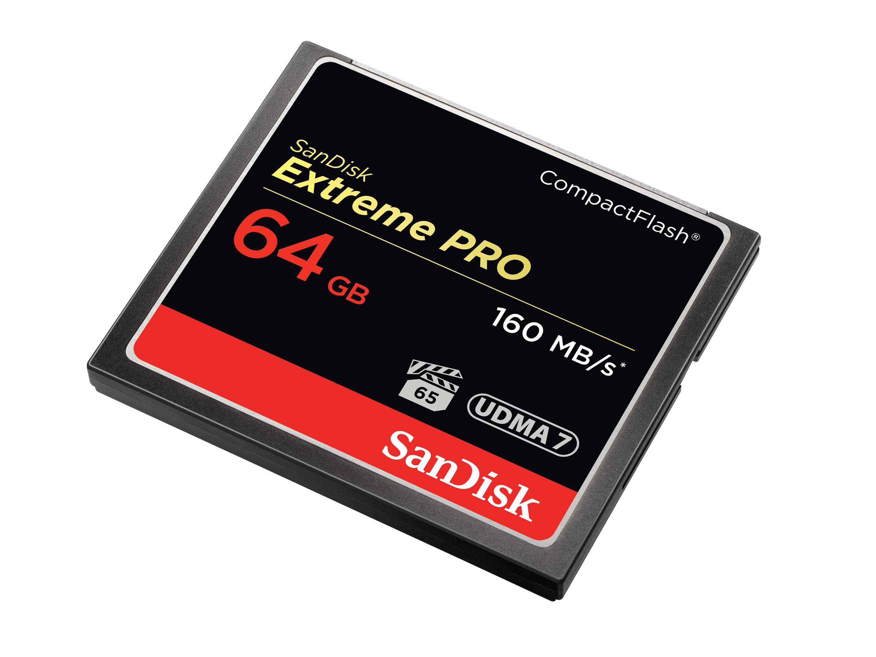 Karta SanDisk Extreme PRO CompactFlash o pojemności 64 GB i prędkości 160 MB/s.