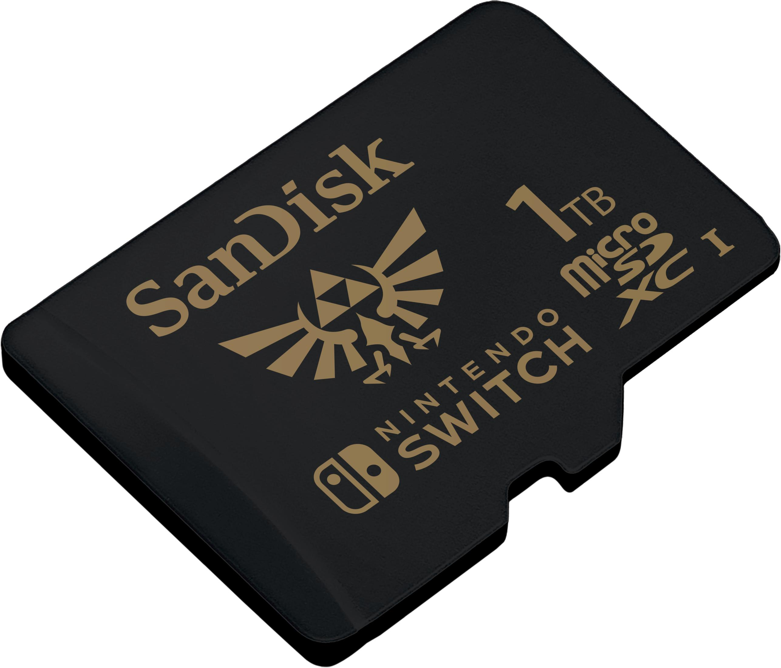 Eine schwarze SanDisk 1TB Micro SD-Karte mit Zelda-Logo und Nintendo Switch-Branding auf Weiß.