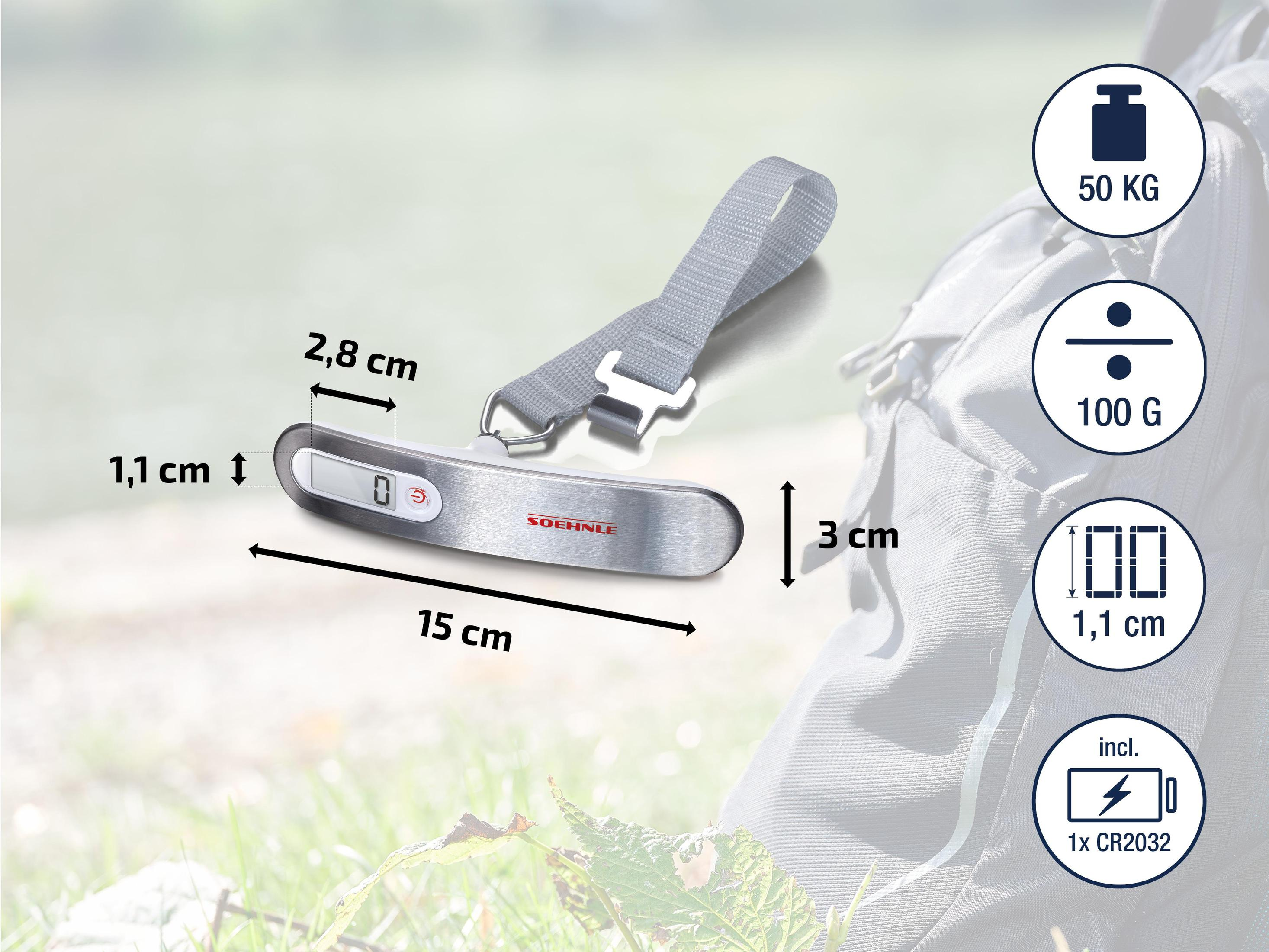 Bilancia per bagagli portatile, con misure. È argento e nero con un display digitale.