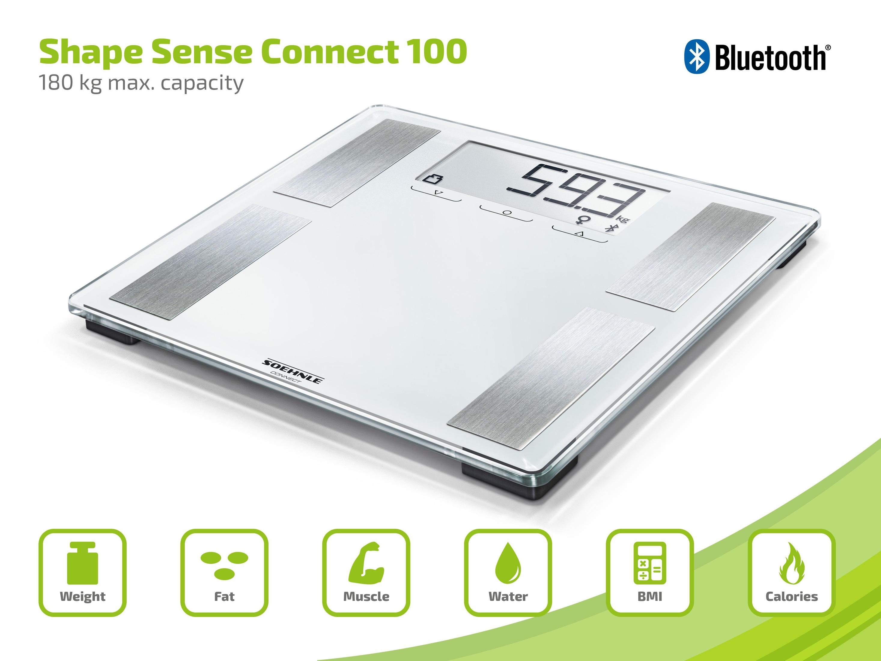 Biała waga cyfrowa, pokazująca 59,3. Poniżej ikony wagi, tłuszczu, mięśni, wody, BMI i kalorii.