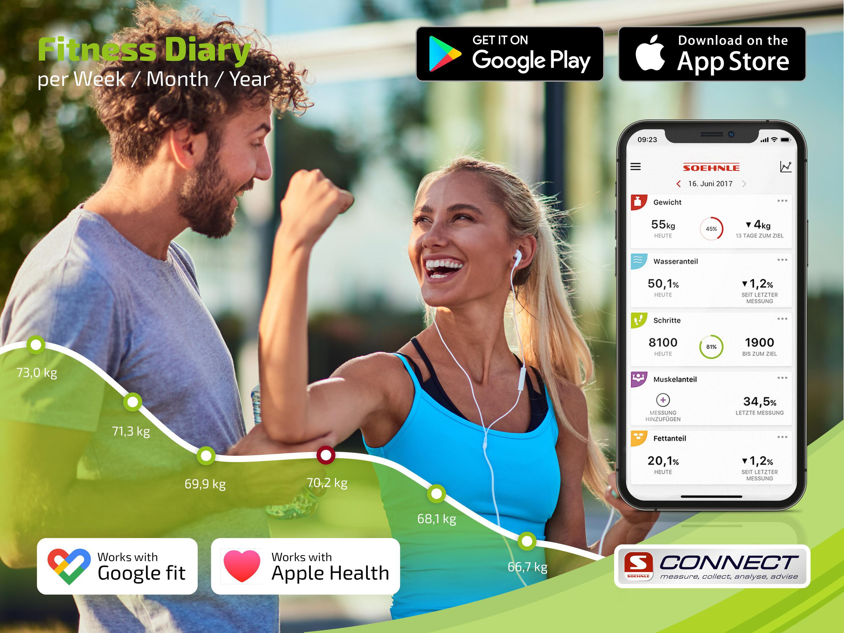 Mężczyzna i kobieta uśmiechnięci, używają aplikacji fitness. Wykres i ikony aplikacji.