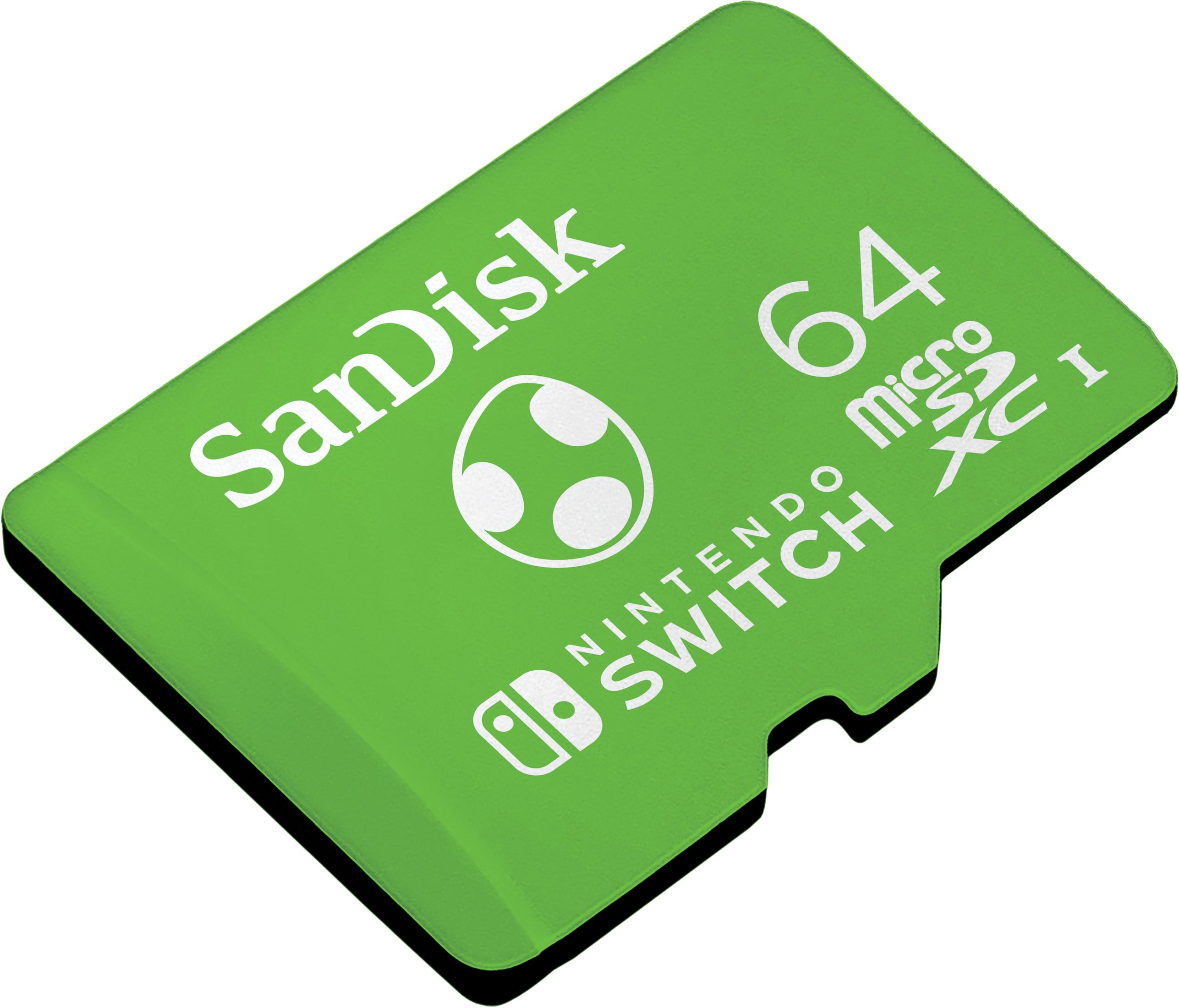 Eine grüne SanDisk 64GB Micro SDXC-Karte mit Nintendo Switch-Logo und Ei-Grafik.