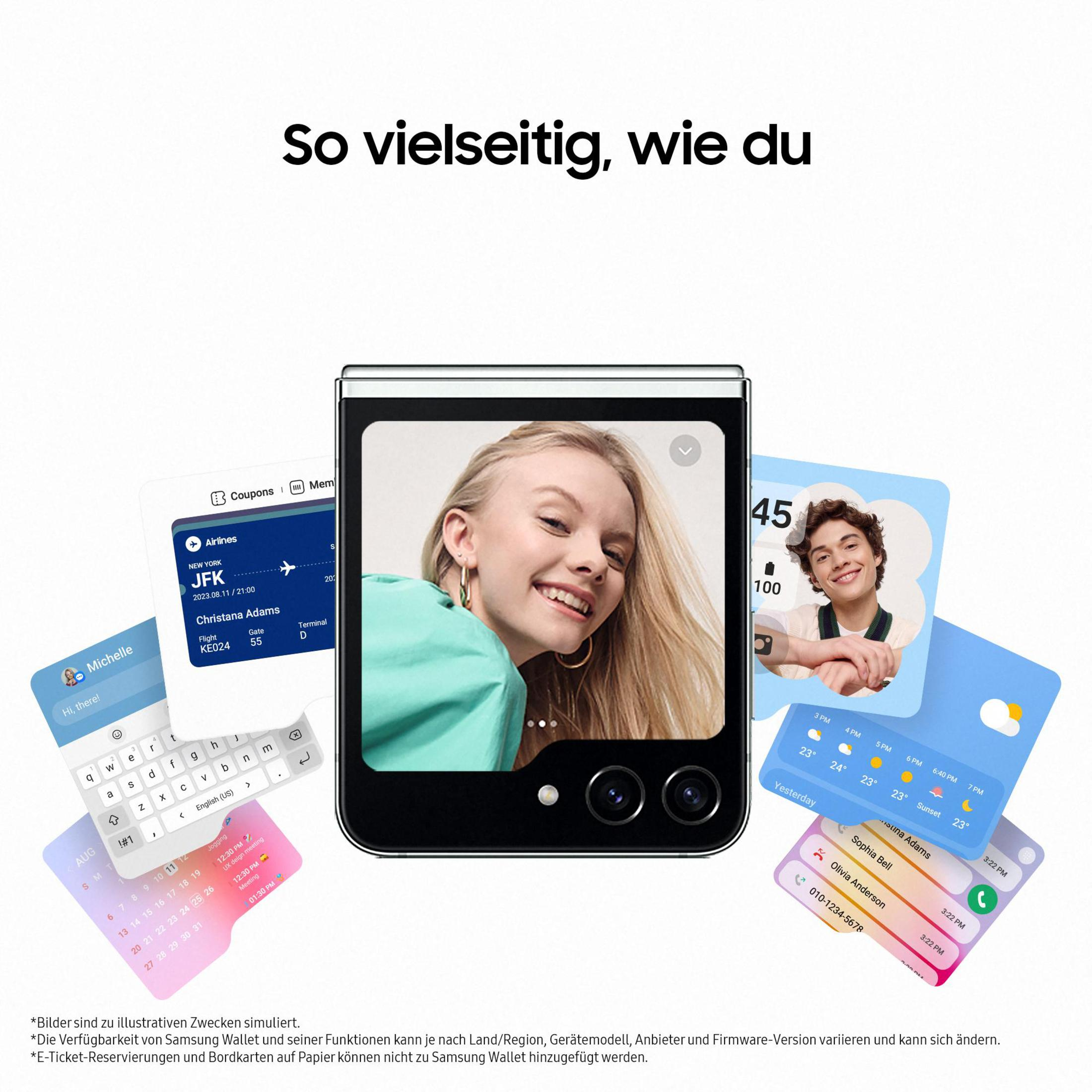 Składany telefon wyświetlający aplikacje i zdjęcia osób, z kalendarzem i innymi widżetami.