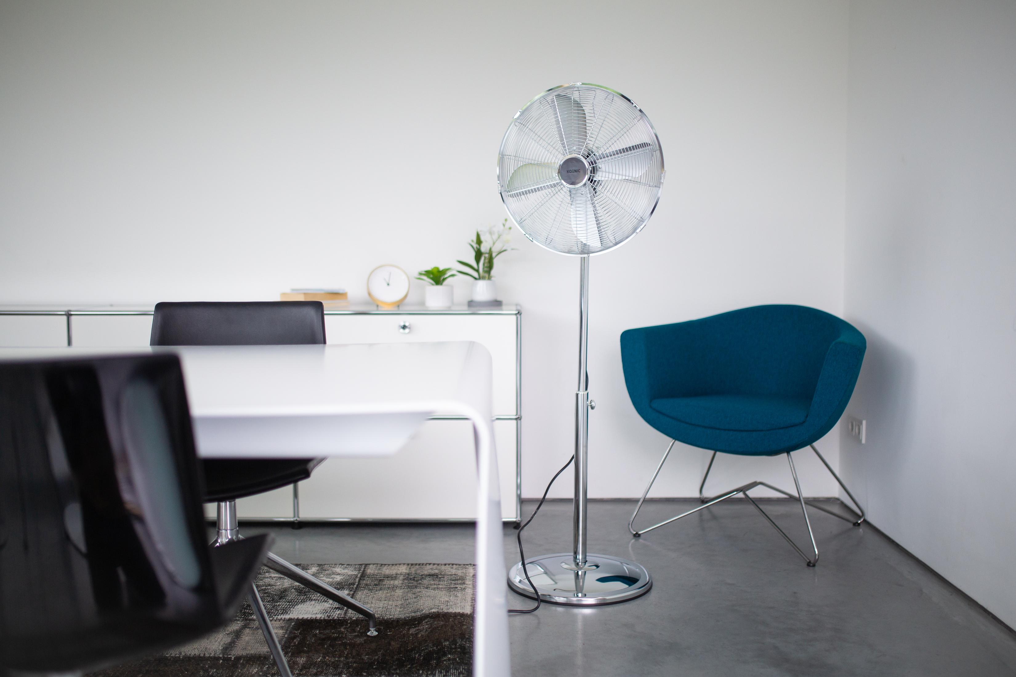 Raum mit Standventilator, weißem Tisch, Stühlen und Pflanze im goldenen Topf.