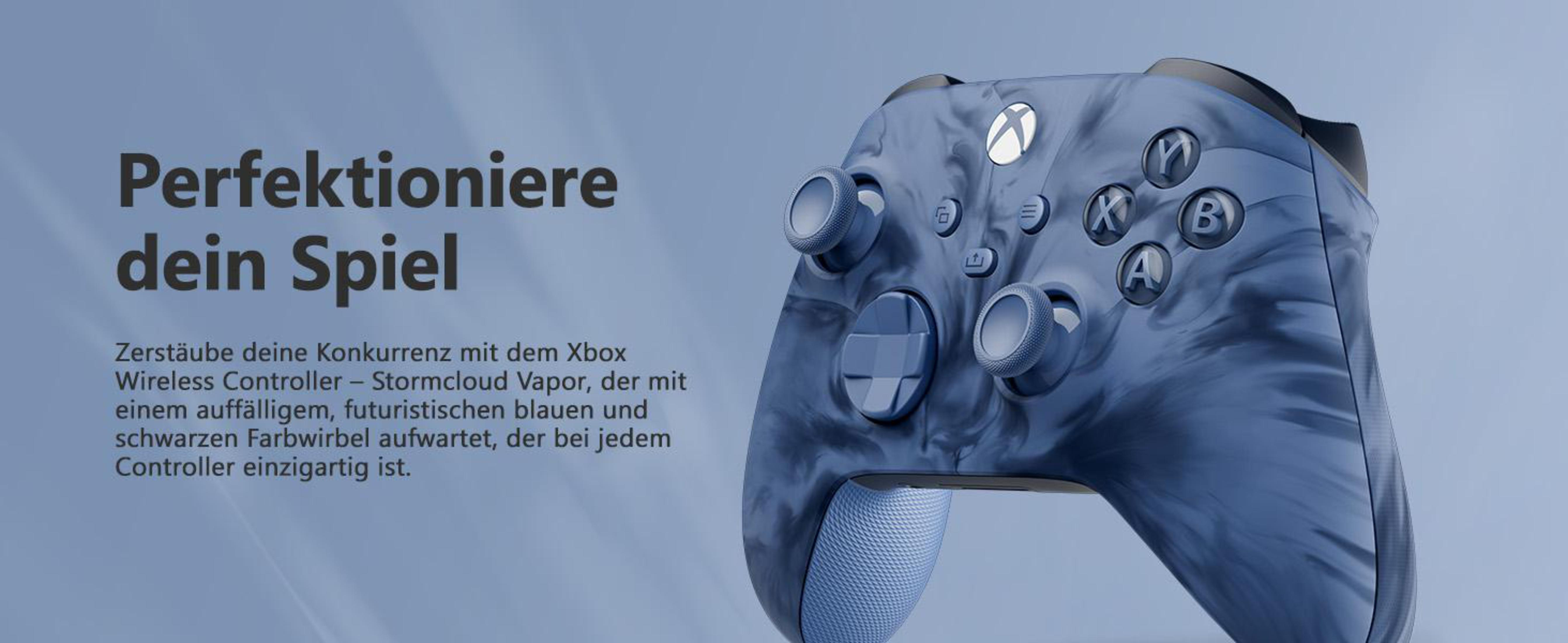 Xbox Wireless Controller, marmorähnliches Design, mit Tasten und Text, vor einem Hintergrund.