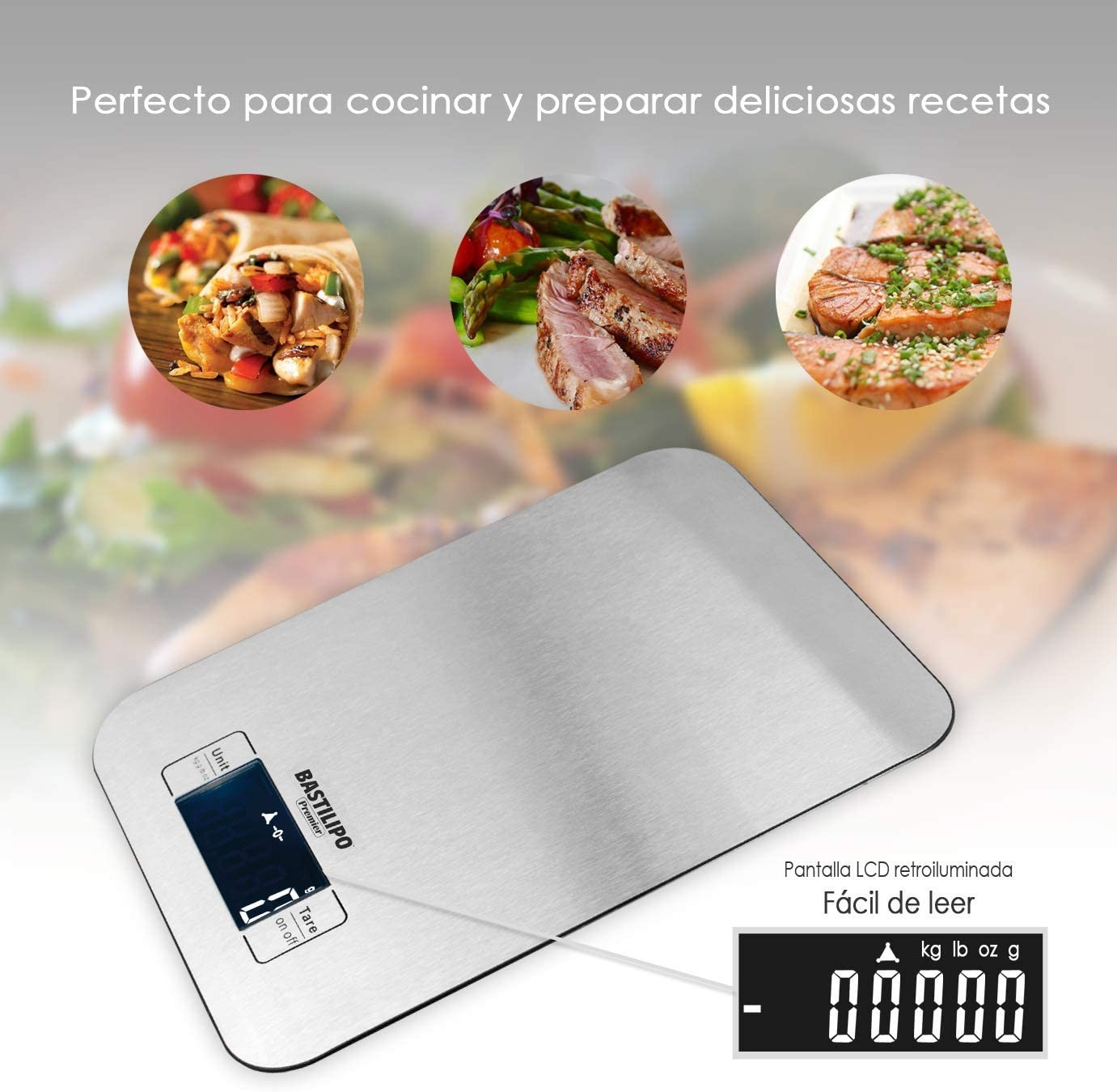 Una báscula de cocina digital plateada con imágenes de comida y una pantalla LCD que muestra ceros.