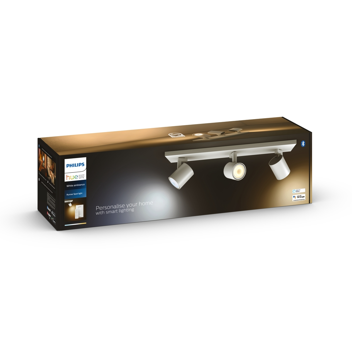 Caja de iluminación inteligente Philips Hue. Fondo blanco. La caja muestra una luminaria de carril.