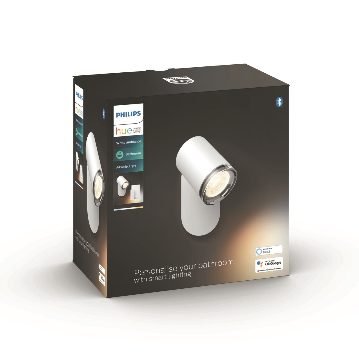 Una caja de foco de baño Philips Hue White Ambiance, con el producto mostrado.