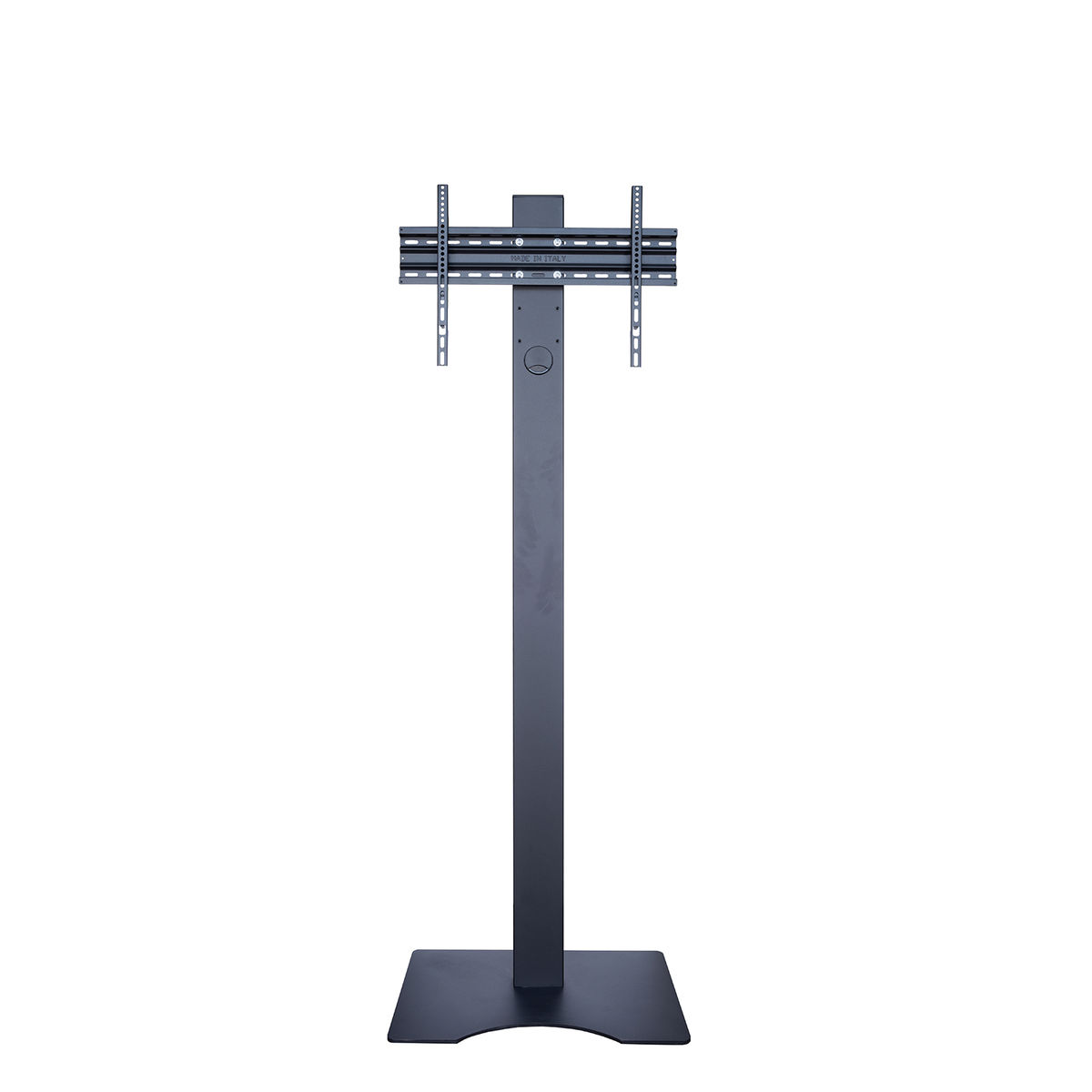Un supporto TV nero, verticale, con base rettangolare e staffa di montaggio per TV.