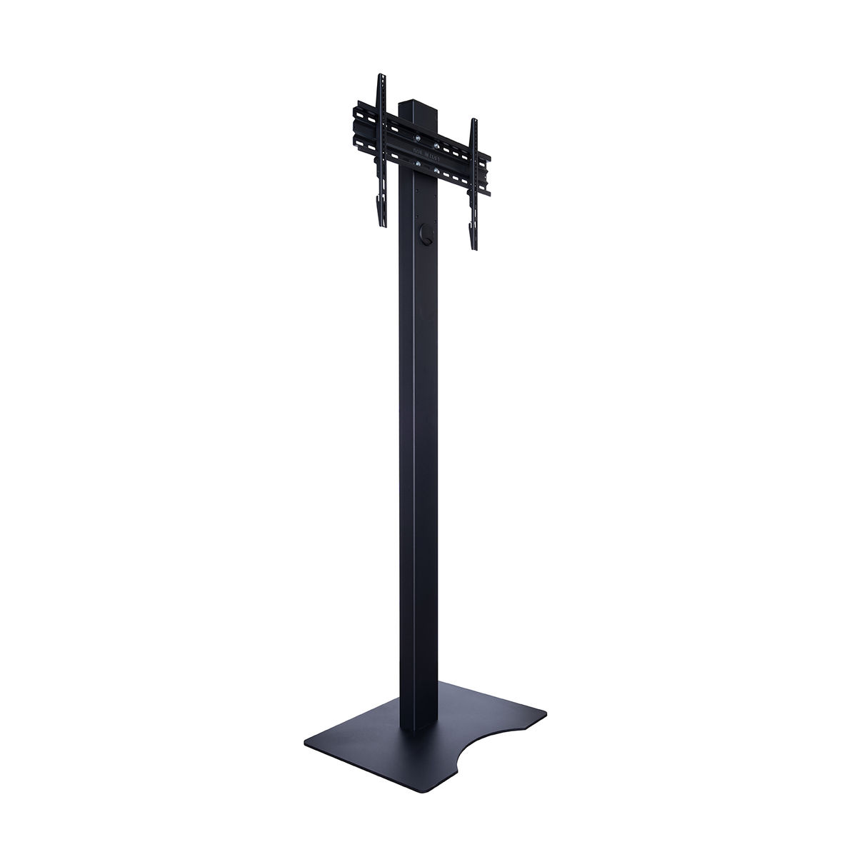 Un supporto TV nero con un palo alto e una base, che tiene un monitor.