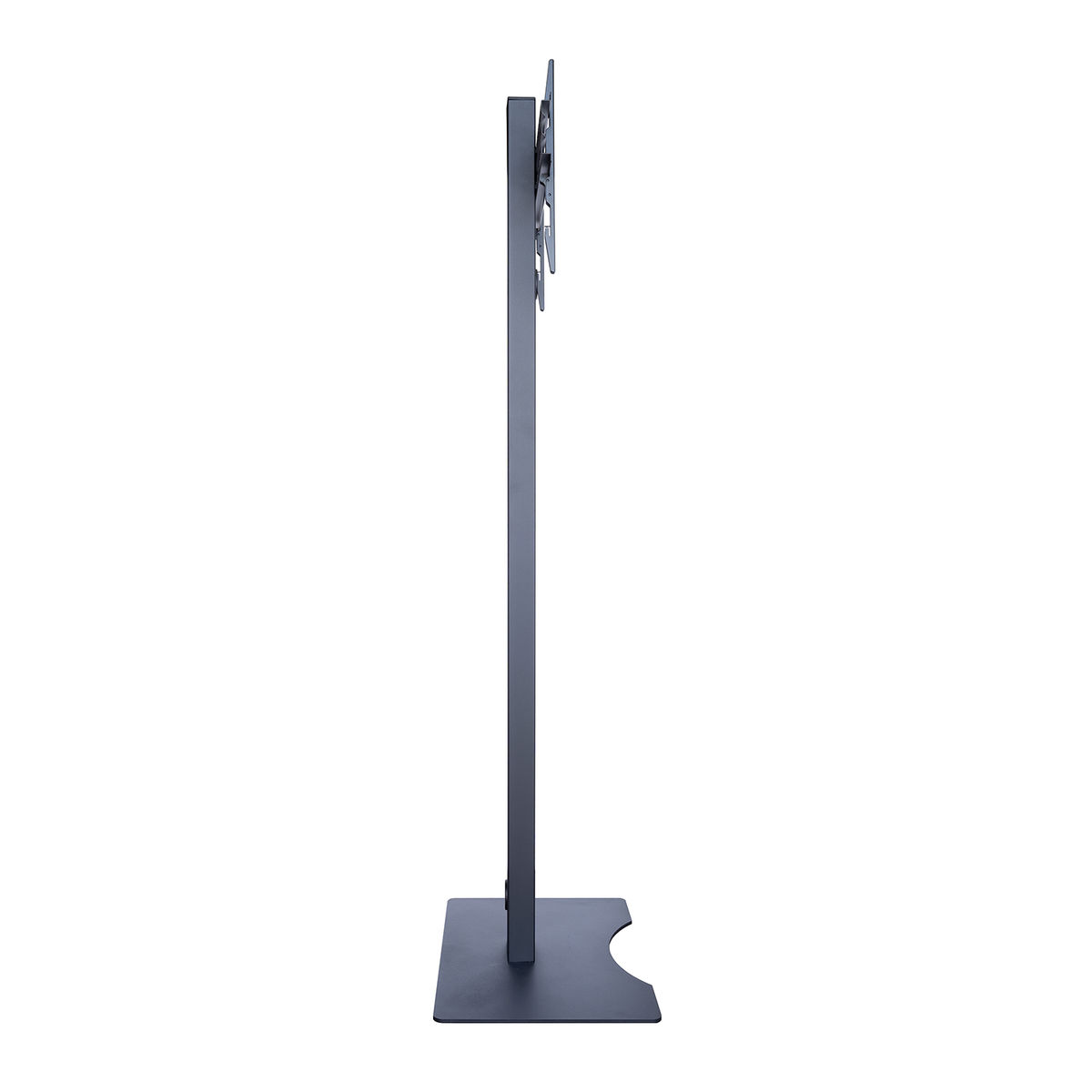 Un supporto nero, alto e sottile per un monitor, ha una base rettangolare.