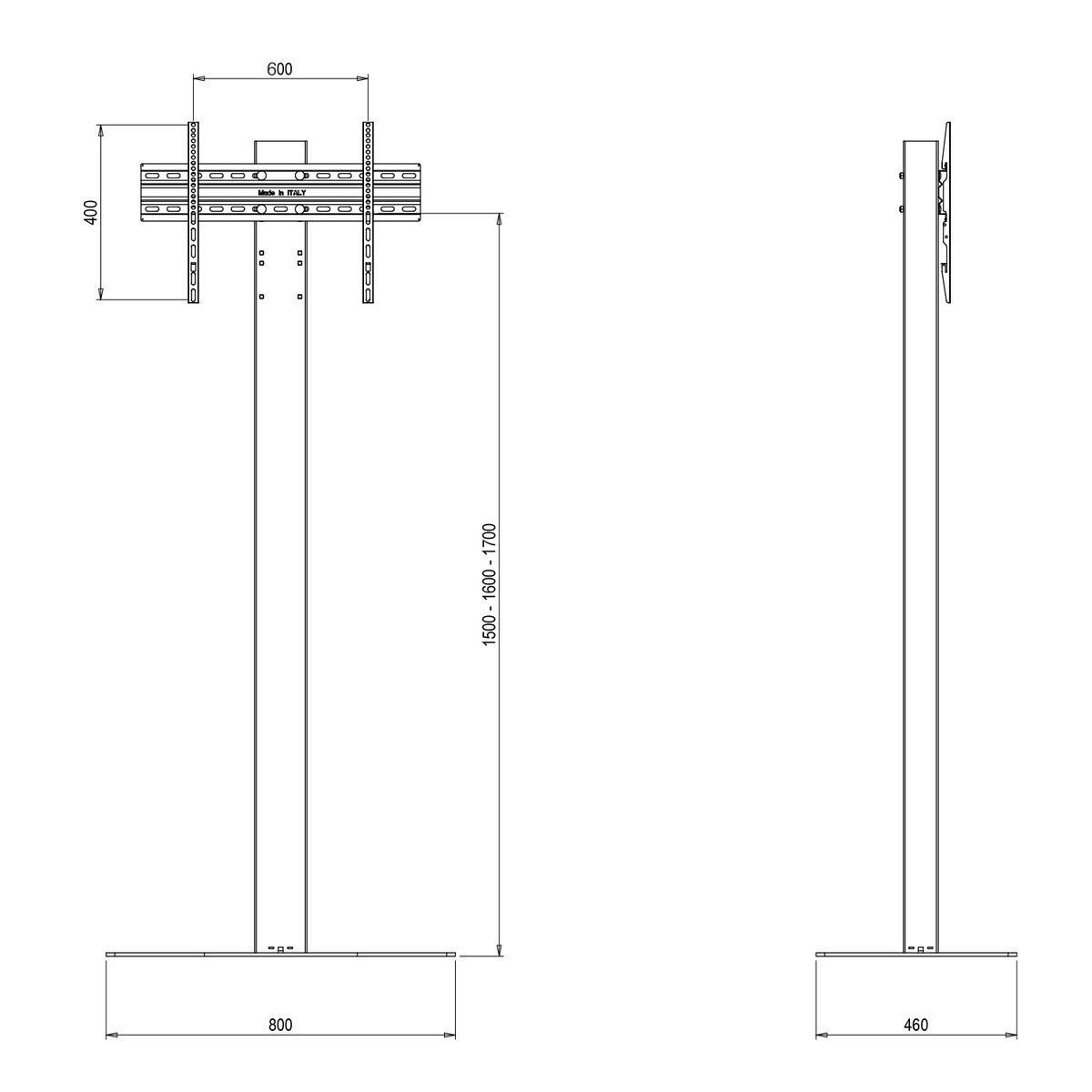 Disegno tecnico di un supporto TV, con dimensioni in millimetri, su sfondo bianco.