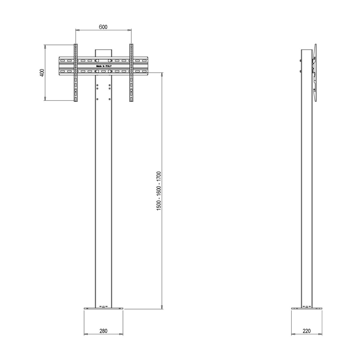 Disegno tecnico di un supporto TV. Mostra misure e dimensioni, con un profilo del supporto in due viste.