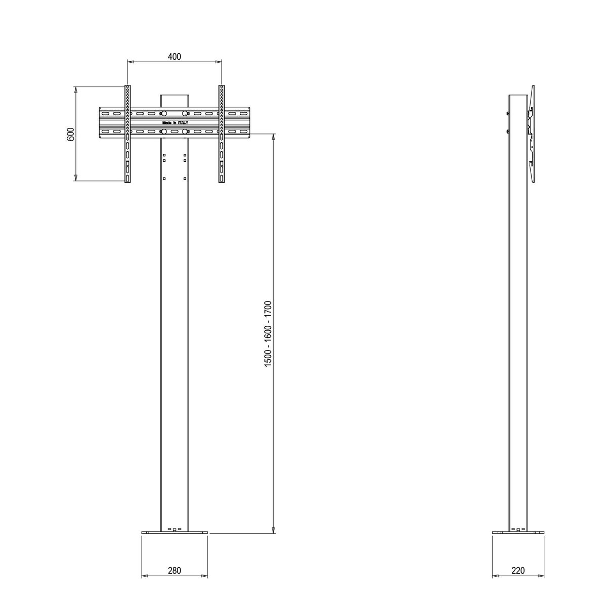Disegno tecnico di un supporto TV, che mostra dimensioni e misure.