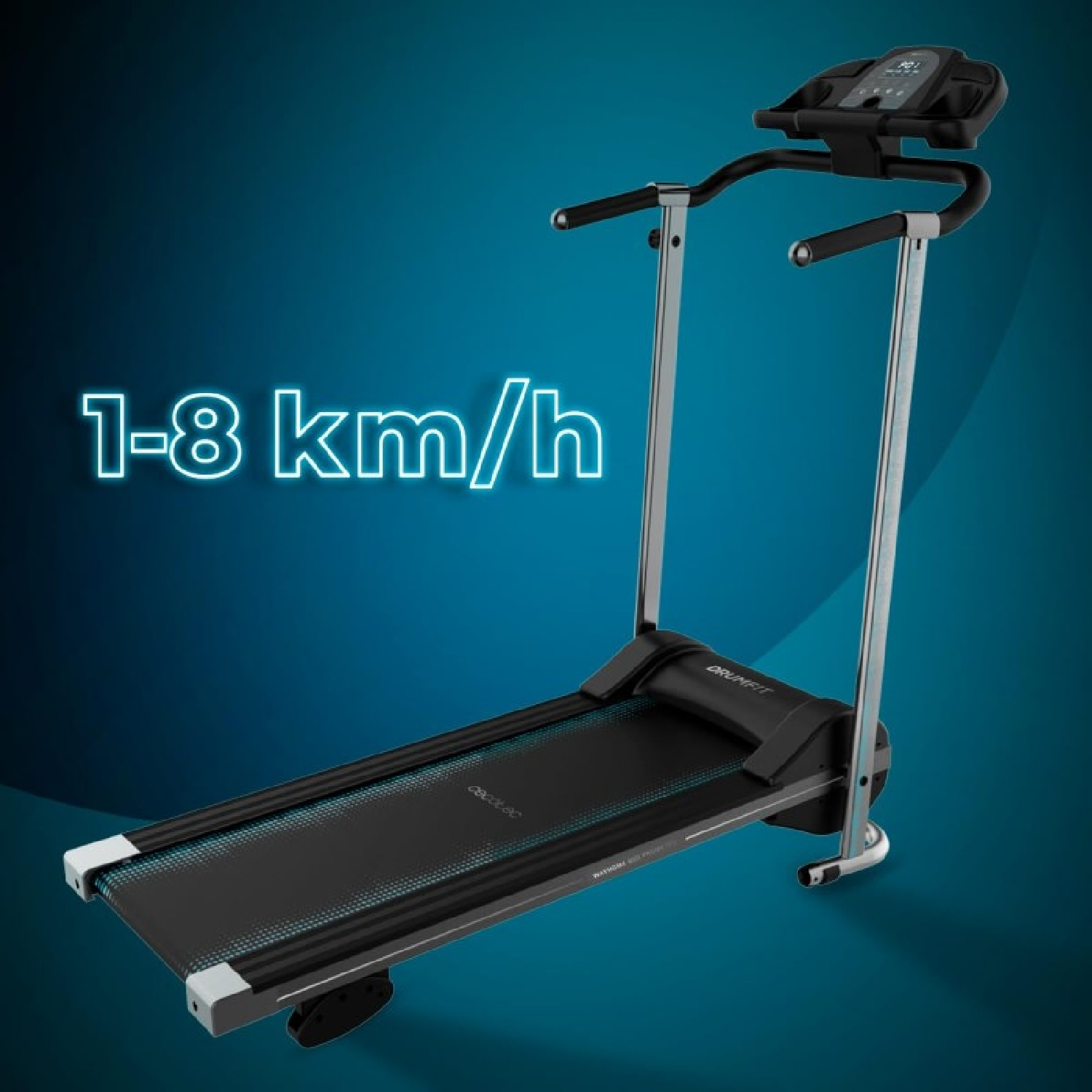 Cinta de correr con pantalla digital mostrando rango de velocidad 1-8 km/h, sobre fondo degradado azul.
