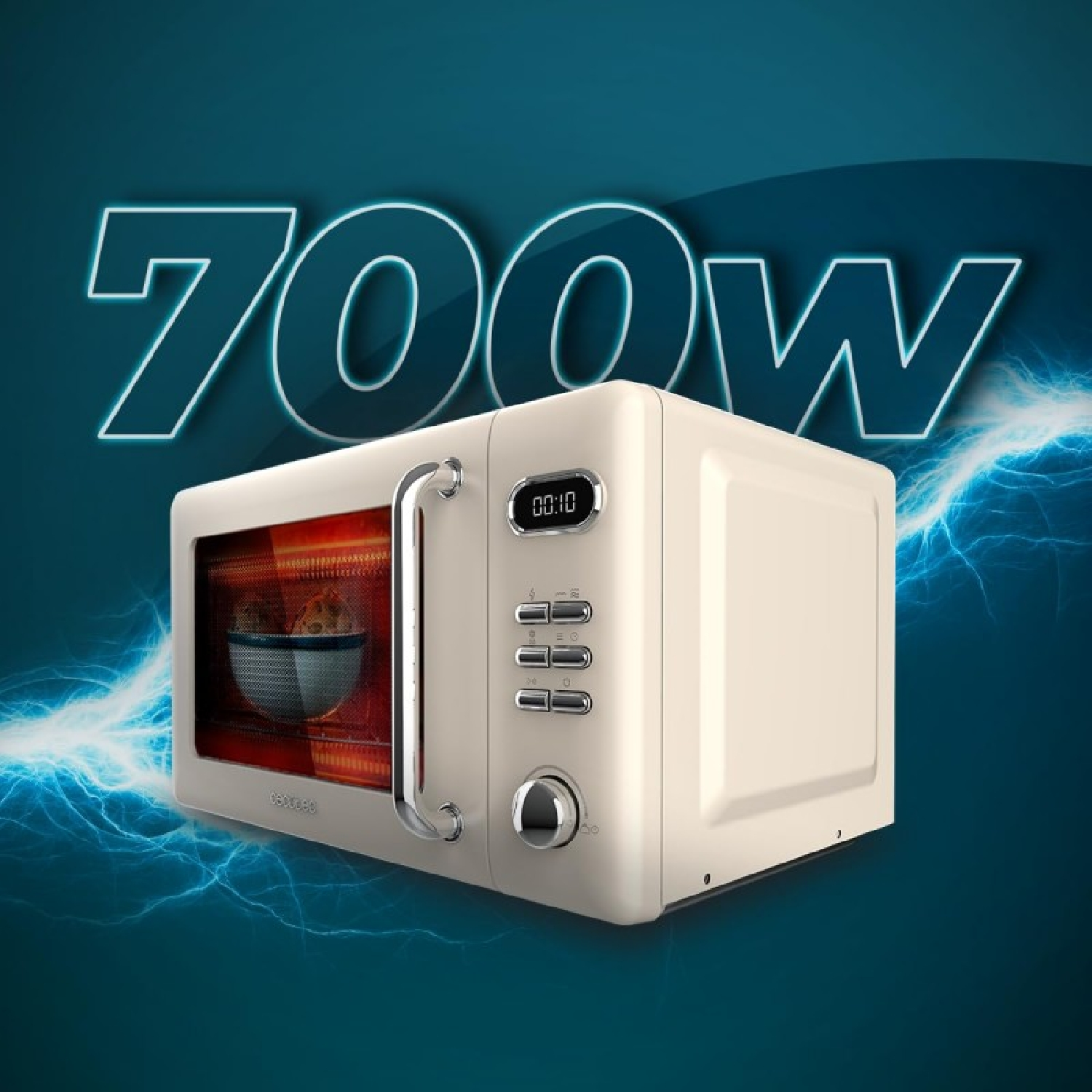 Kremowa kuchenka mikrofalowa z wyświetlaczem 700W, niebieskie tło z błyskawicami.