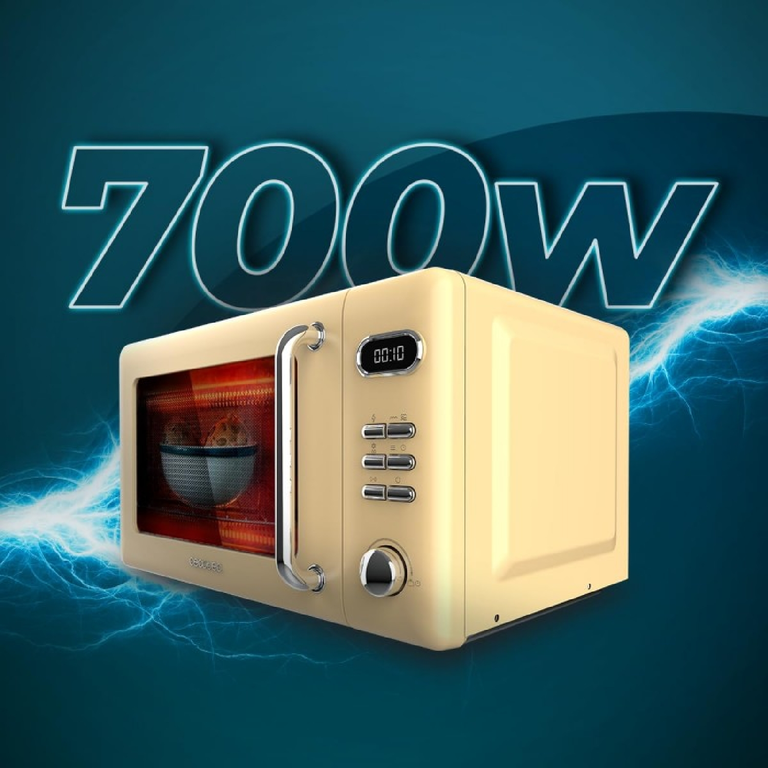 Kremowa kuchenka mikrofalowa z cyfrowym zegarem, elementami sterowania i tekstem '700W' nad nią.