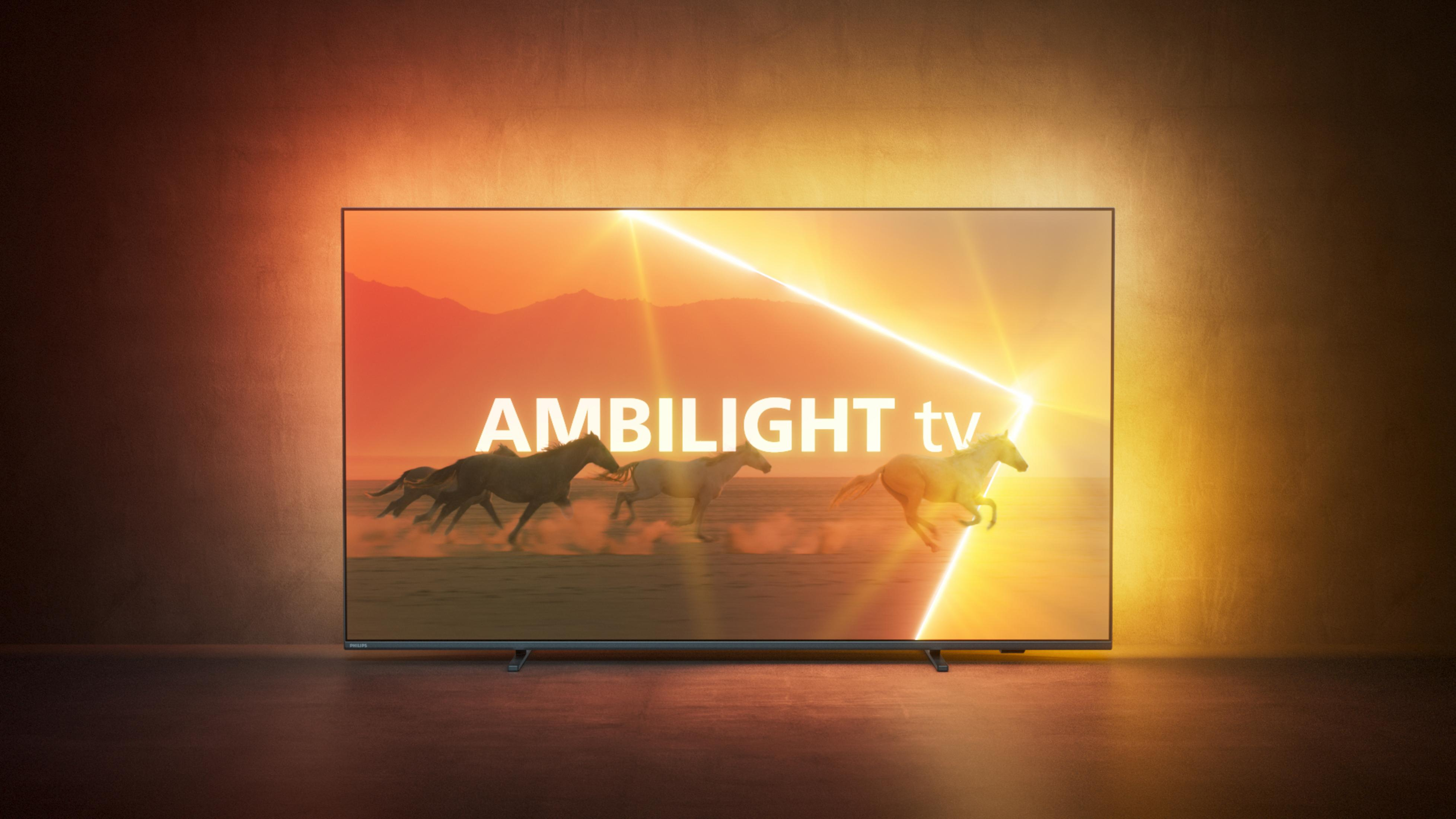 Ein Fernsehbildschirm mit galoppierenden Pferden, mit Ambilight-Beleuchtung an den Rändern.