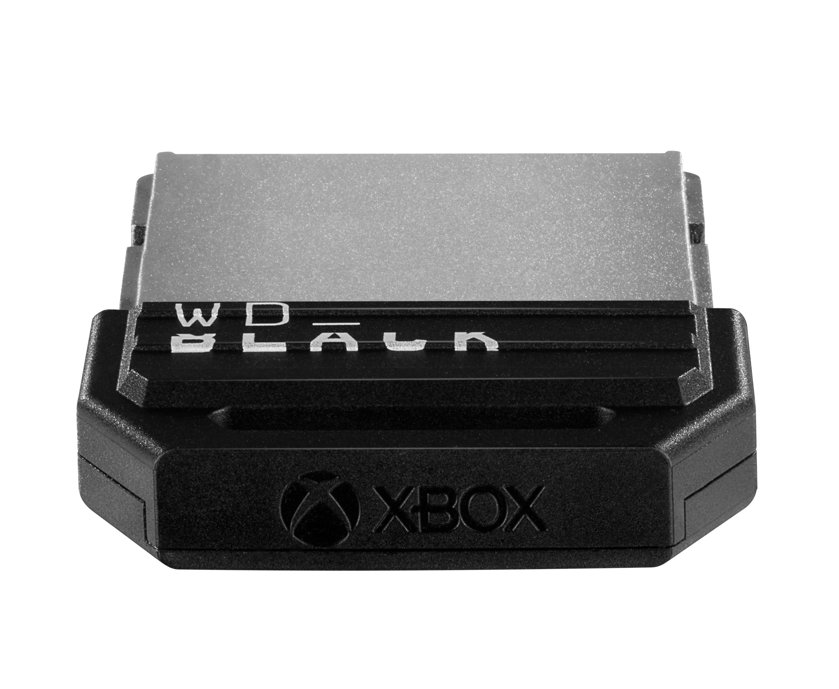 Czarna karta rozszerzenia pamięci WD_BLACK Xbox Series X|S. Czarna podstawa, srebrna góra.