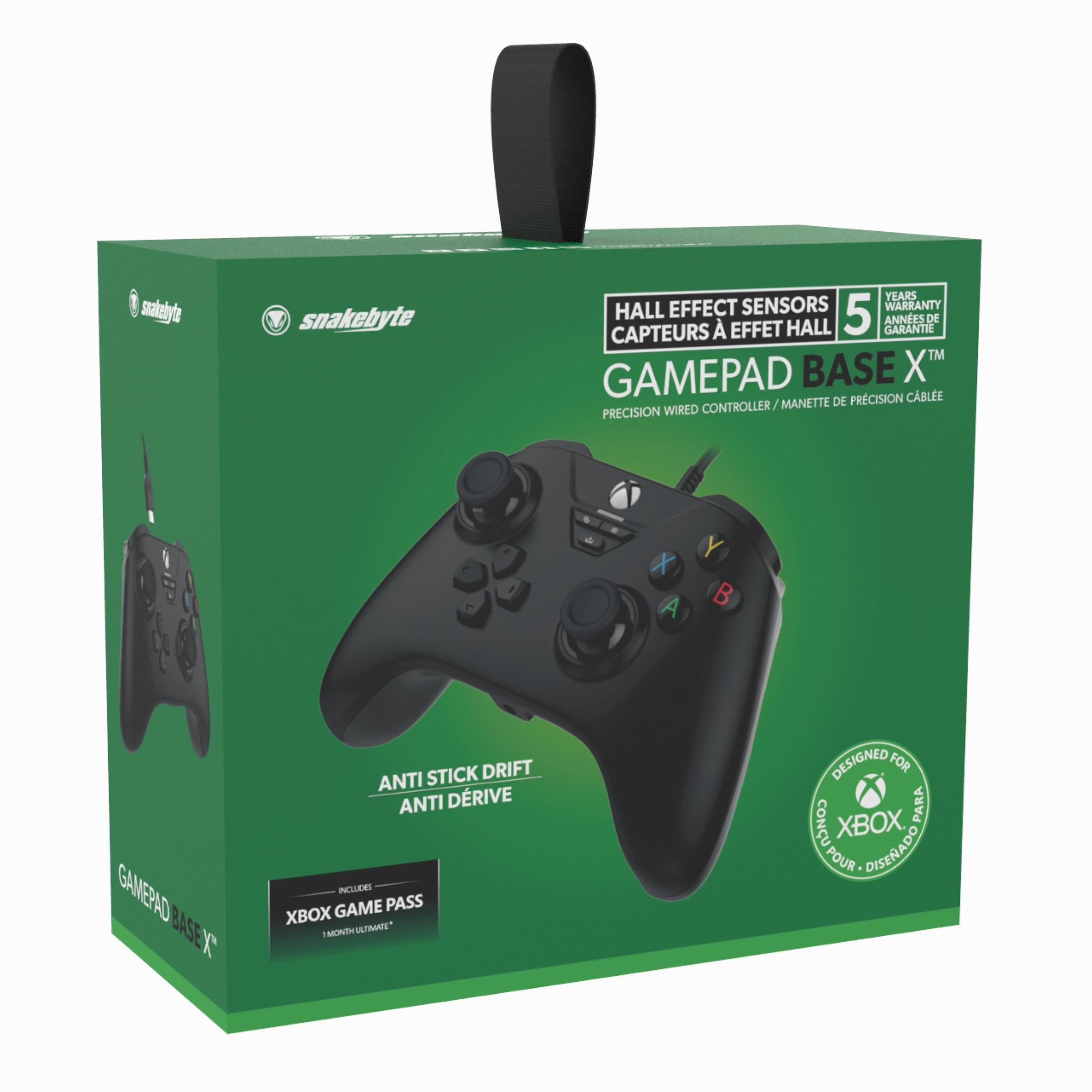Gamepad Base X Box. Schwarzes Gamepad im Inneren. Grüne Box mit weißem Text und Gamepad-Bild.