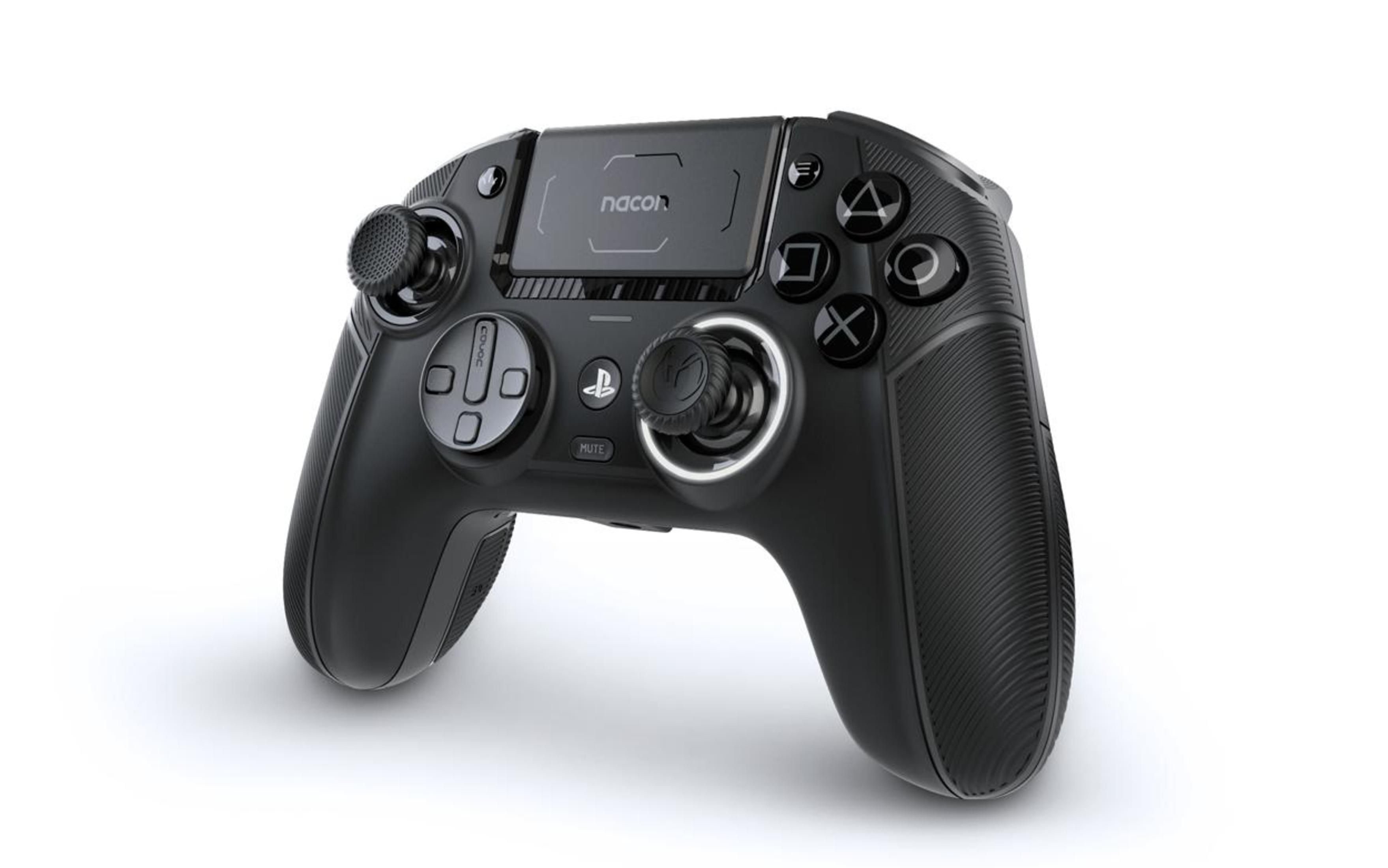 Czarny kontroler do gier z przyciskami, joystickami i ekranem.