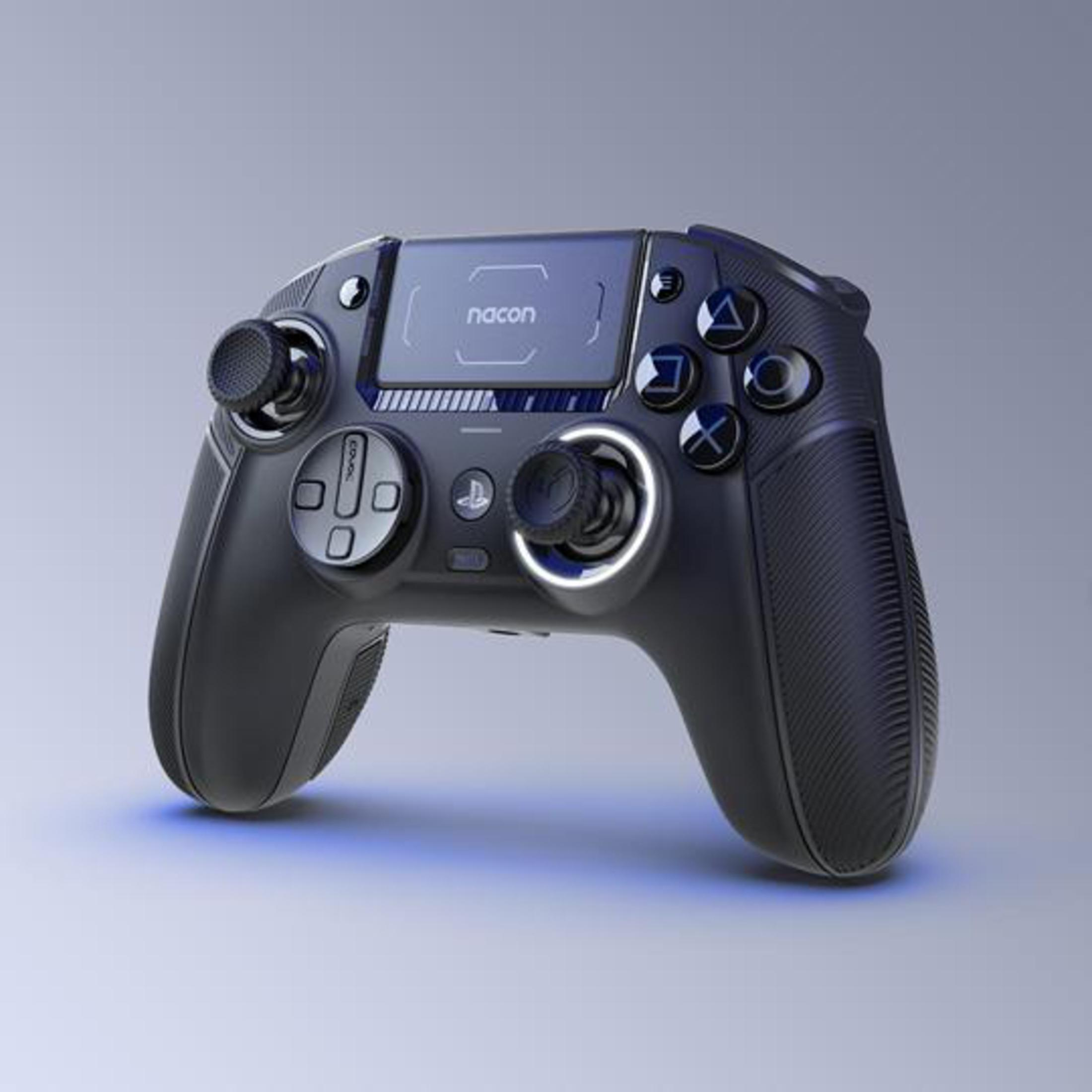 Czarny kontroler do gier z ekranem. Kontroler ma różne przyciski i joysticki.