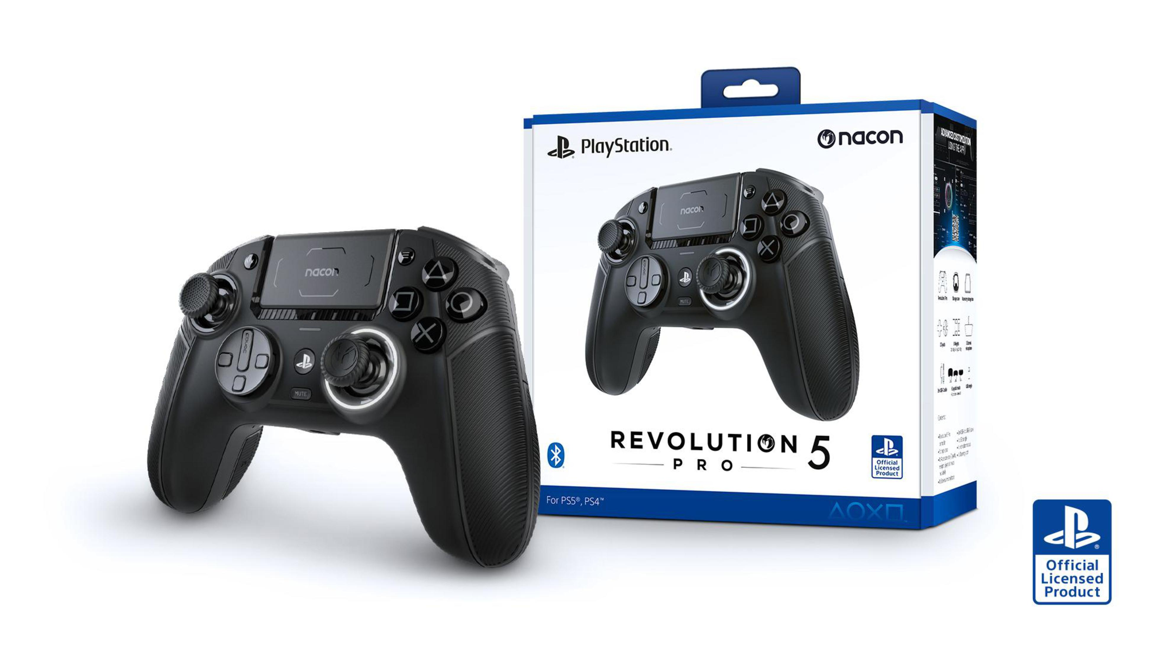 Czarny i szary kontroler PlayStation oraz jego pudełko. Pudełko zawiera tekst i logo PlayStation.