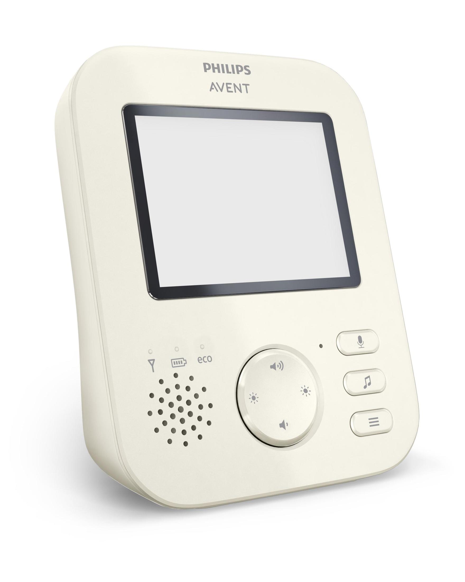 Baby monitor con schermo, pulsanti e altoparlante, in una custodia color crema.