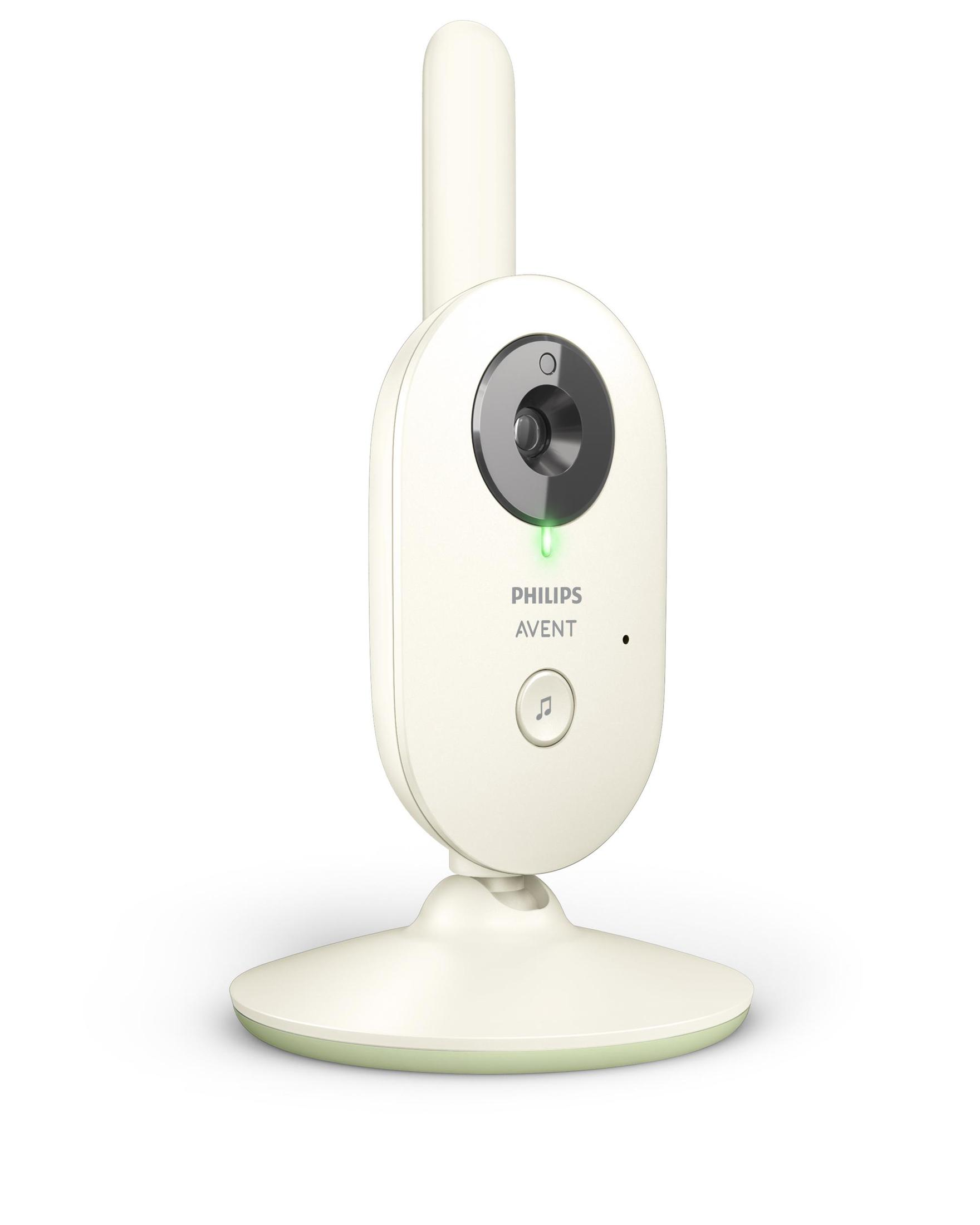 Baby monitor Philips Avent su bianco, con schermo, fotocamera e luce verde.
