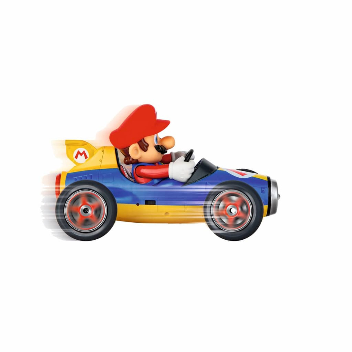 Mario en un coche de carreras de juguete, en movimiento. Coche amarillo y azul, fondo blanco.