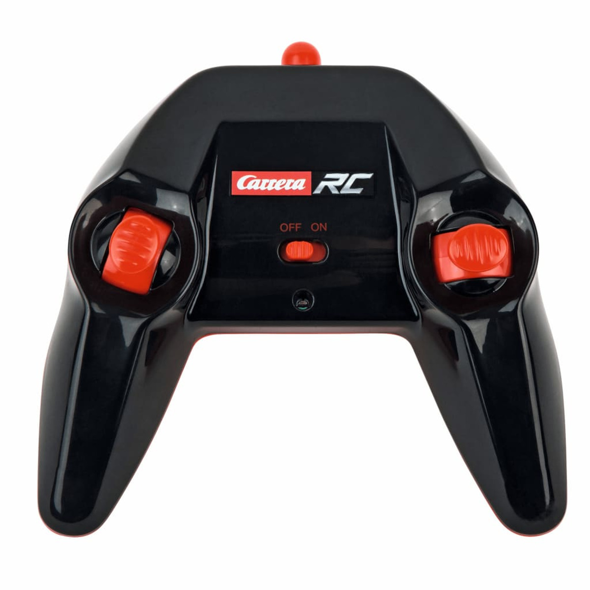 Control remoto negro para un coche de juguete. Con botones rojos y un interruptor de encendido/apagado.