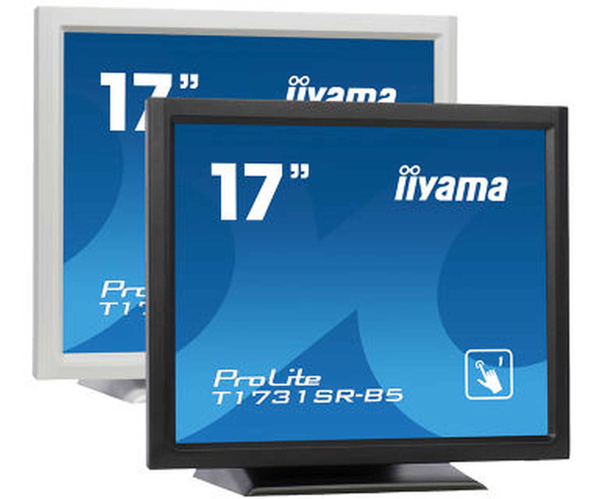 Due monitor per computer da 17 pollici, uno bianco, uno nero.