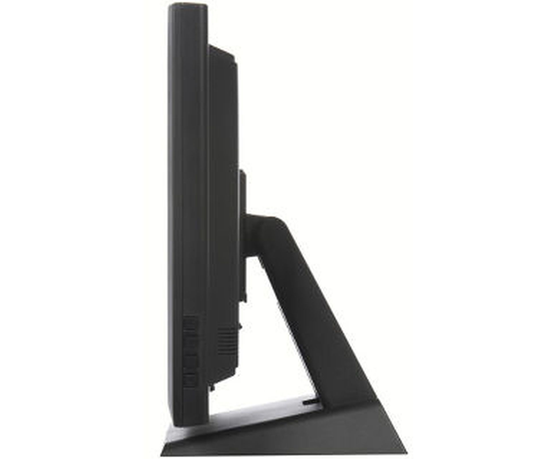Vista laterale di un monitor per computer nero, con supporto, che mostra il suo profilo sottile.