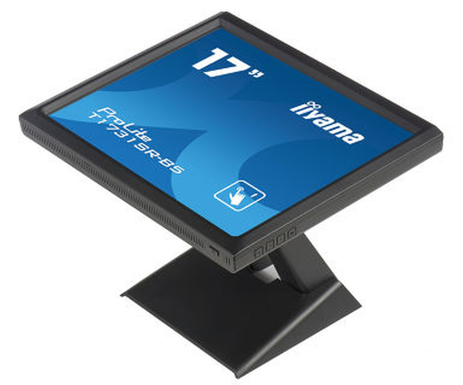 Un monitor iiyama ProLite nero da 17 pollici con schermo blu. Il monitor ha un supporto.