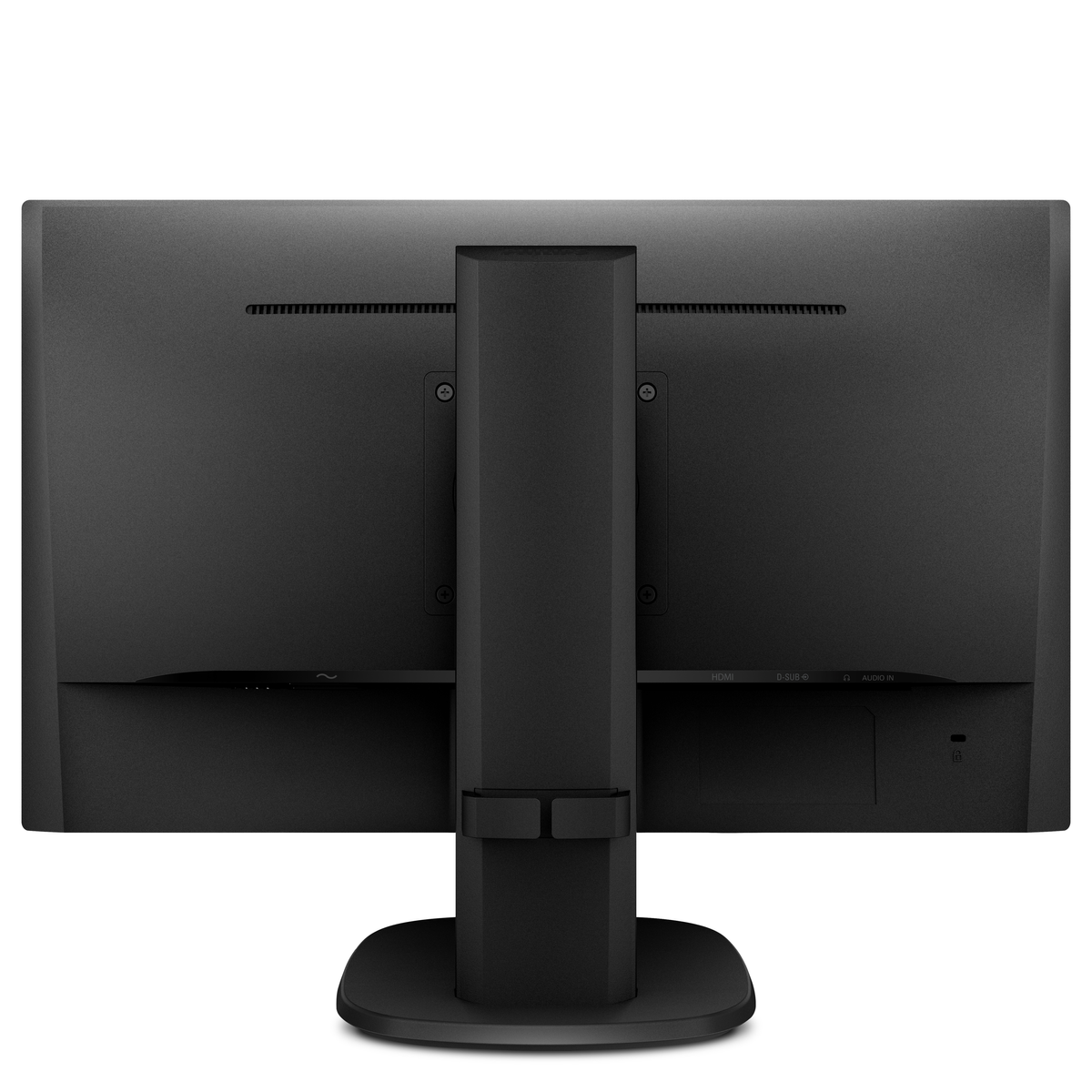 Retro del monitor del computer nero. Include porte, fori di montaggio e un supporto. Sfondo semplice.