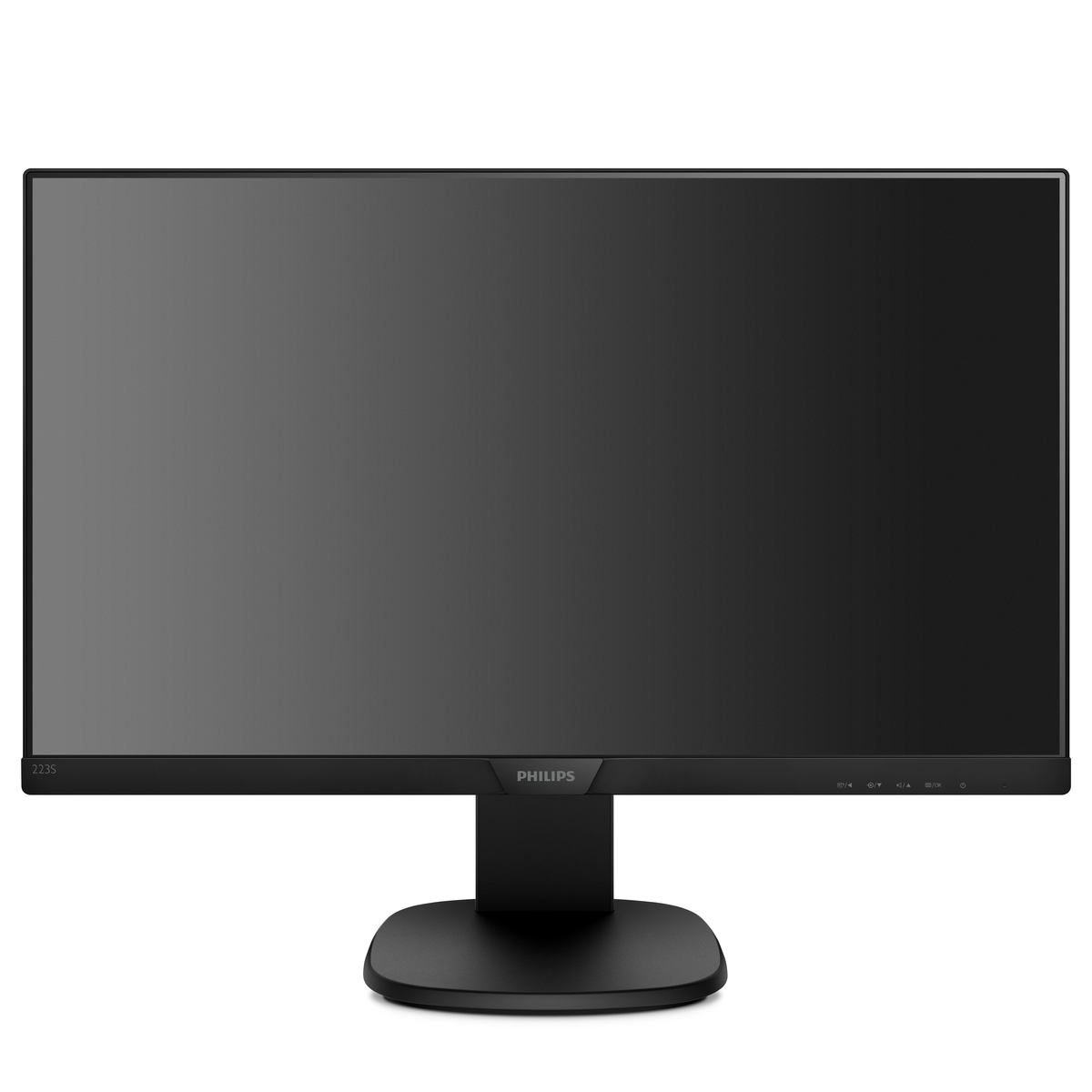 Monitor Philips nero con base nera. Lo schermo è scuro.